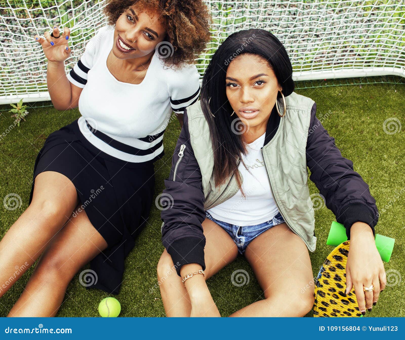 Young Pretty Multi Ethnicity Afro American Girls Having Fun On F Stock Photo Image Of Beautiful Goal