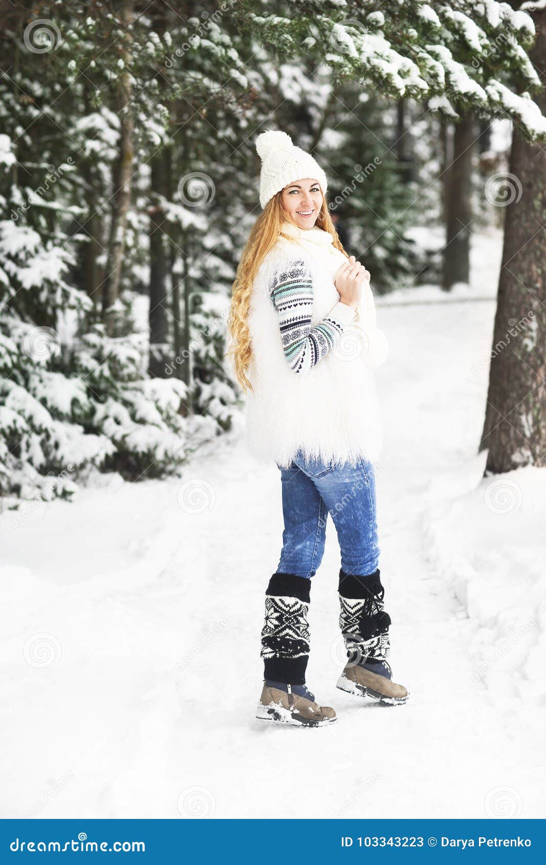 Young Pretty Smiling Girl Outdoors at Winter Forest Stock Image - Image ...