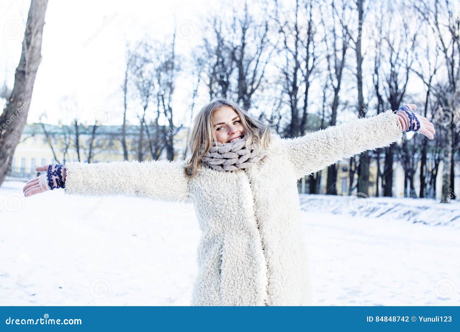 Young Pretty Teenage Hipster Girl Outdoor in Winter Snow Park Having ...