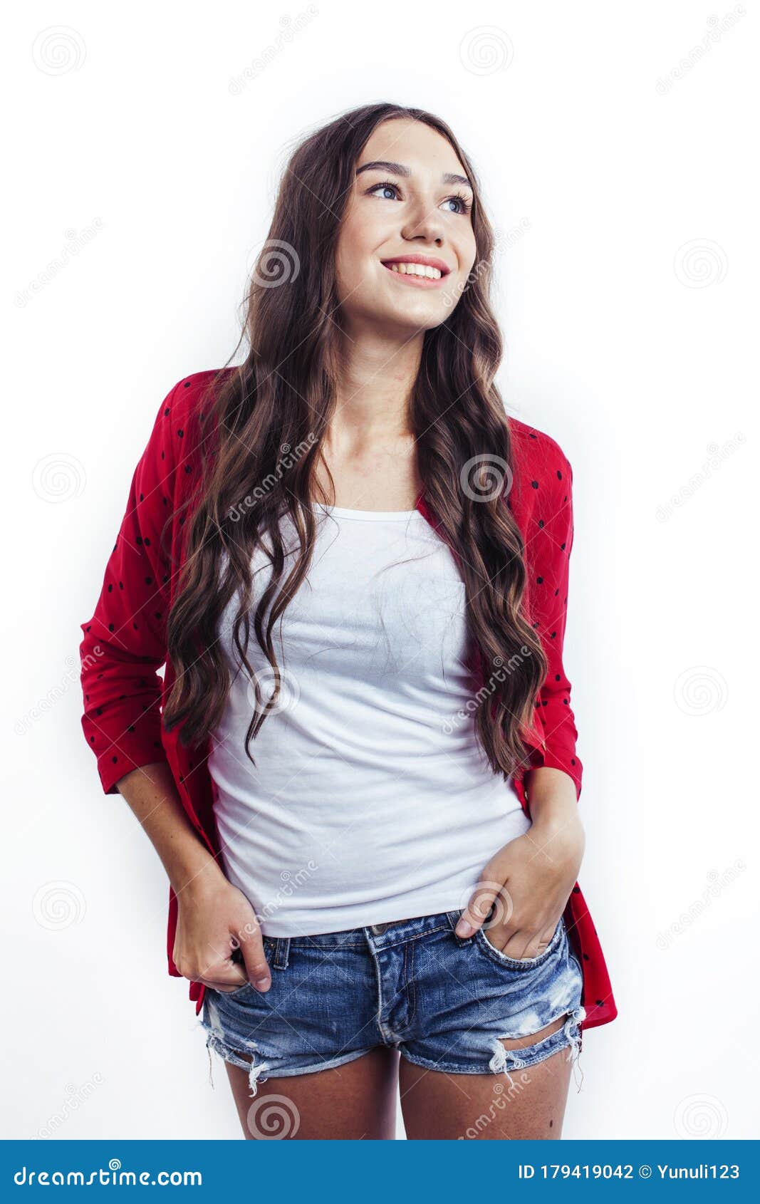 Young Pretty Teenage Hipster Girl Posing Emotional Happy Smiling on ...