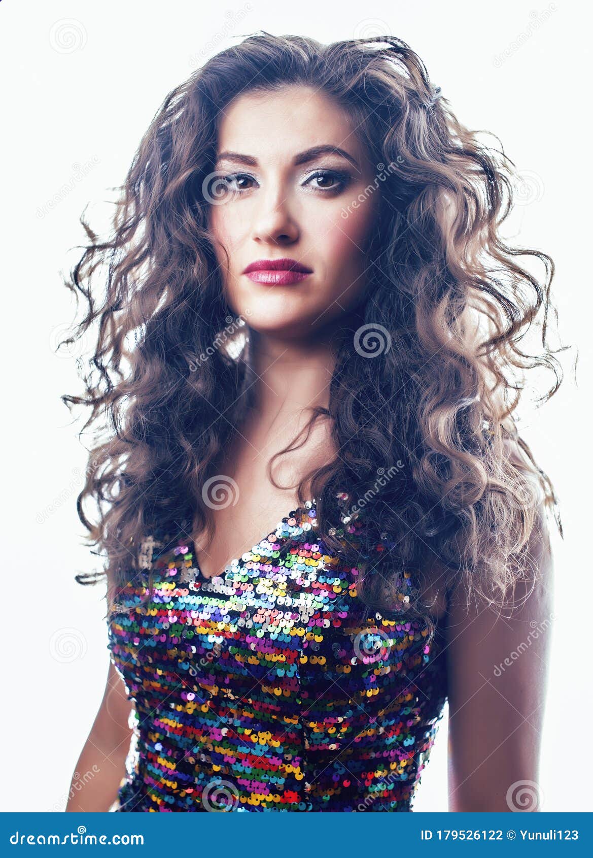 Young Pretty Woman with Curly Hair Party Fashion Style Posing Emotional on  White Background Isolated, Lifestyle People Stock Photo - Image of hairstyle,  bright: 179526122