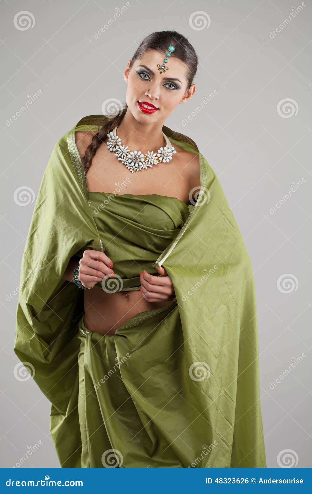 Young Pretty Woman in Indian Green Dress Stock Photo - Image of ...