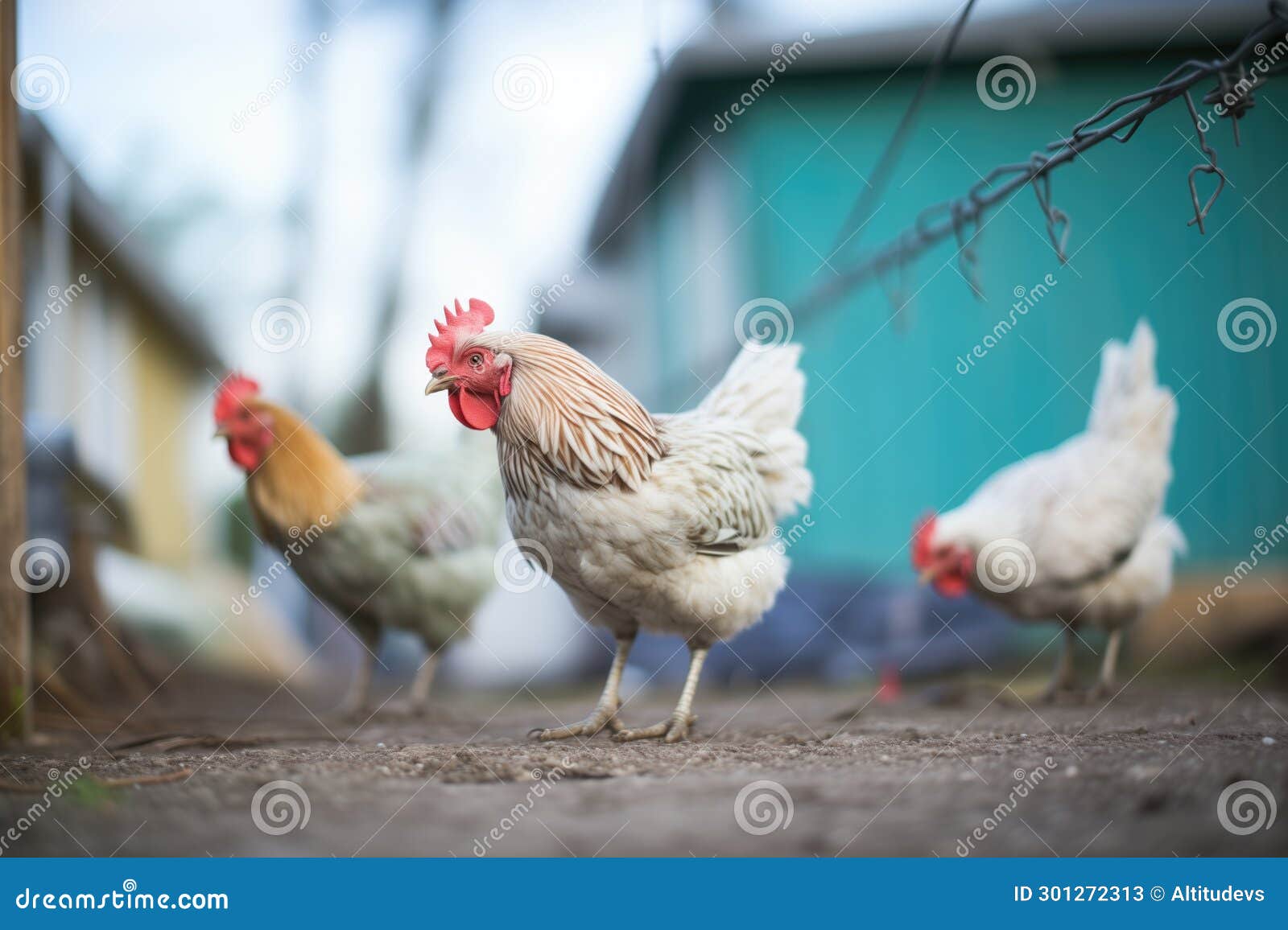young pullets pecking at soil against a coop wire