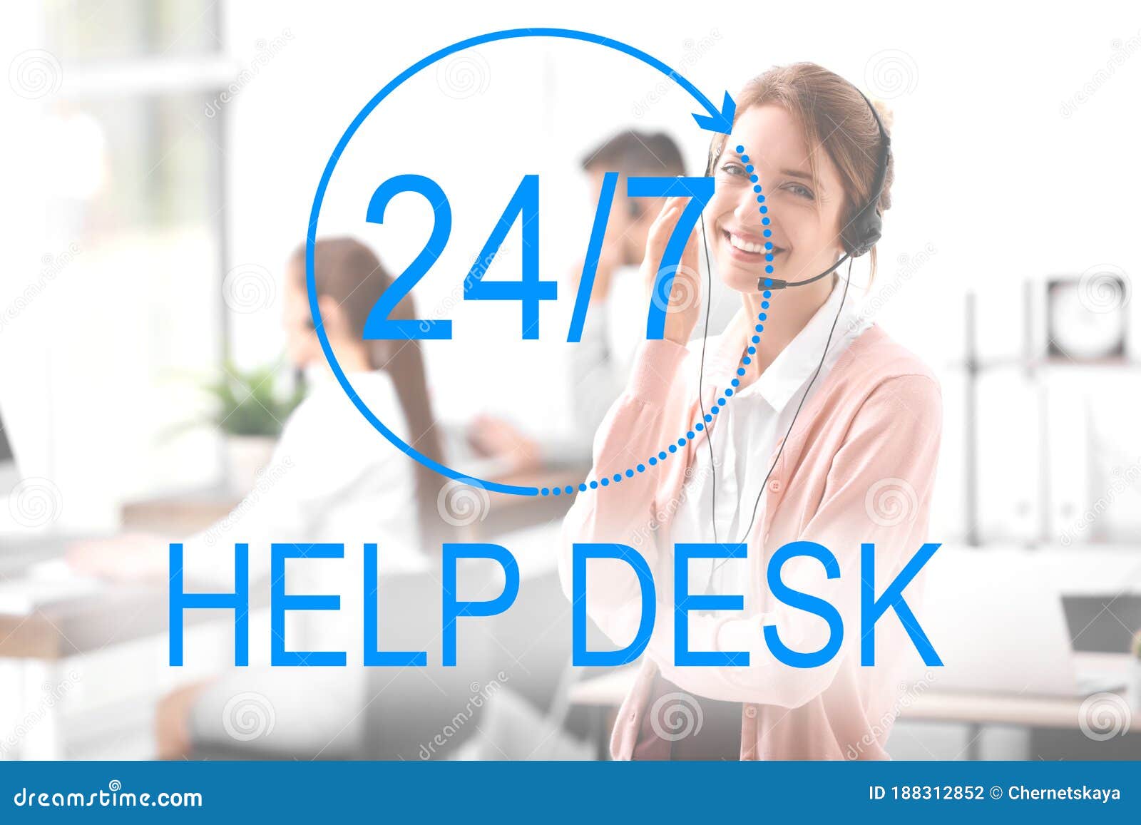 Receptionist with Headset in Office. Help Desk Service Stock Photo