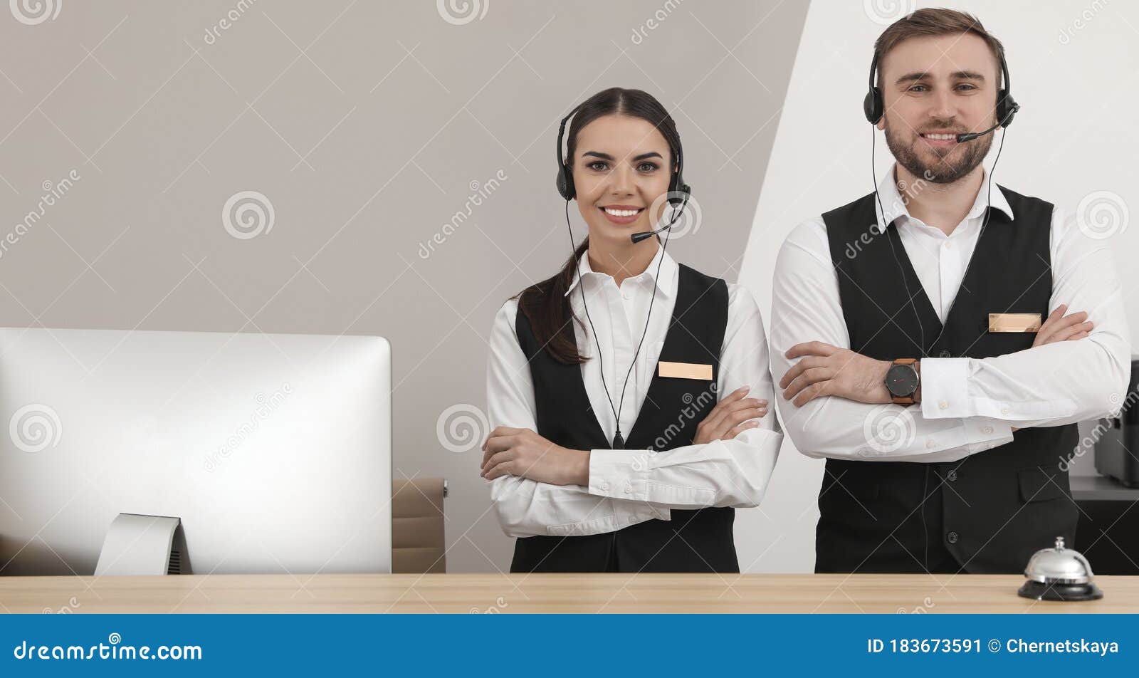 receptionists in uniform at workplace. banner 