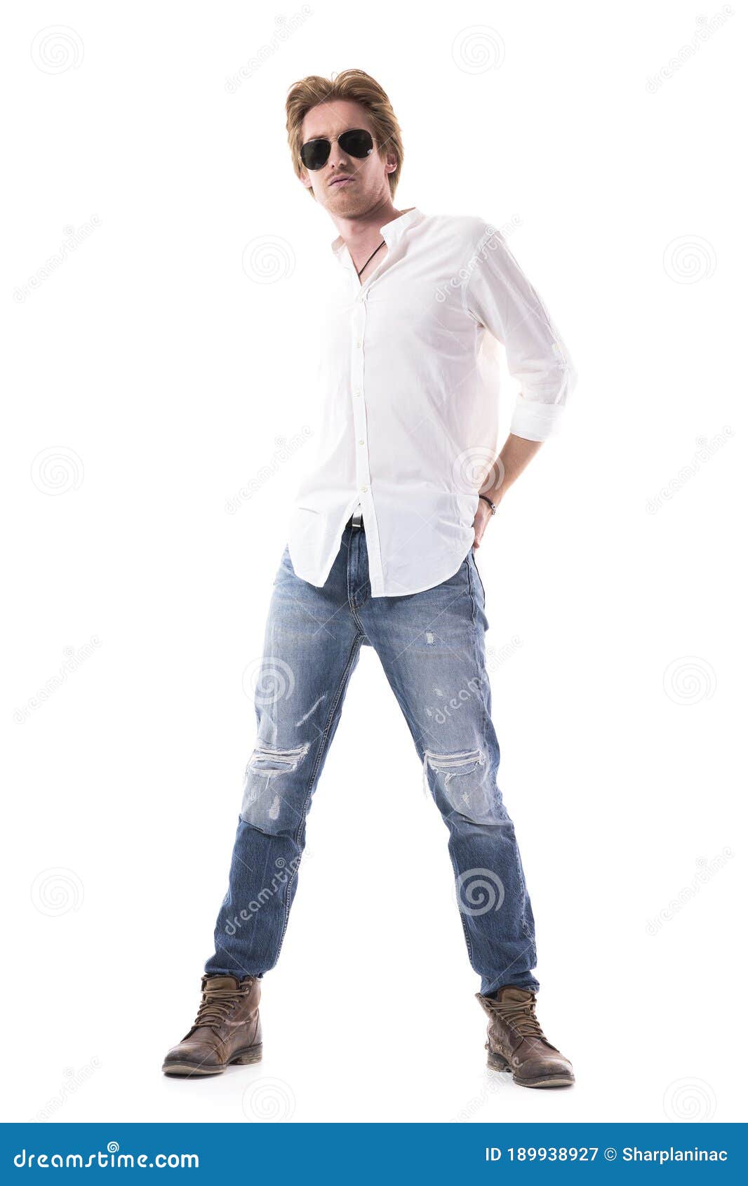 Young Red Hair Male Fashion Model Wearing Ripped Jeans White Shirt And Sunglasses Stock Image Image Of Blue Denim