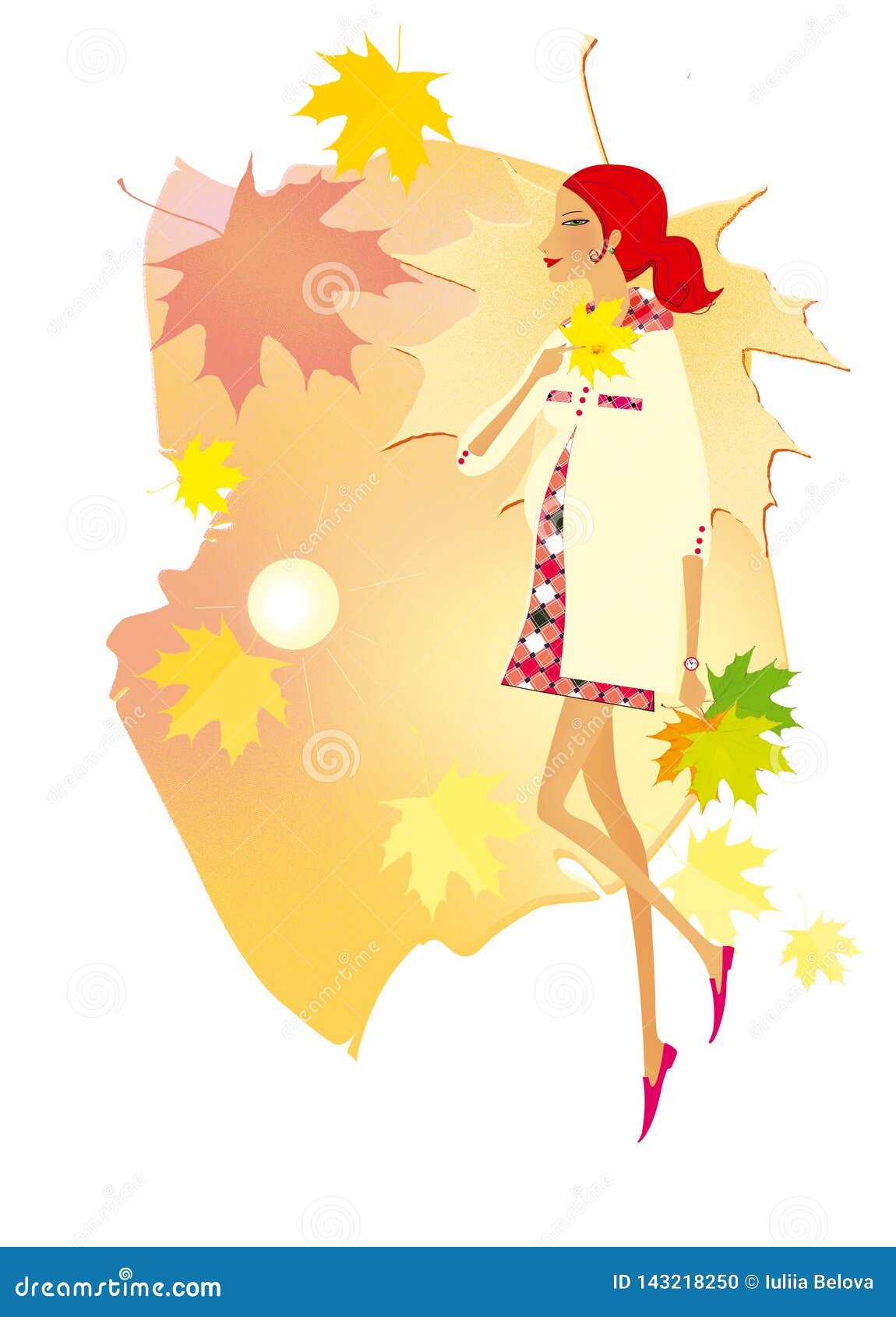 Young Red-haired Woman is Walking on a Background of Pale-yellow Sky ...