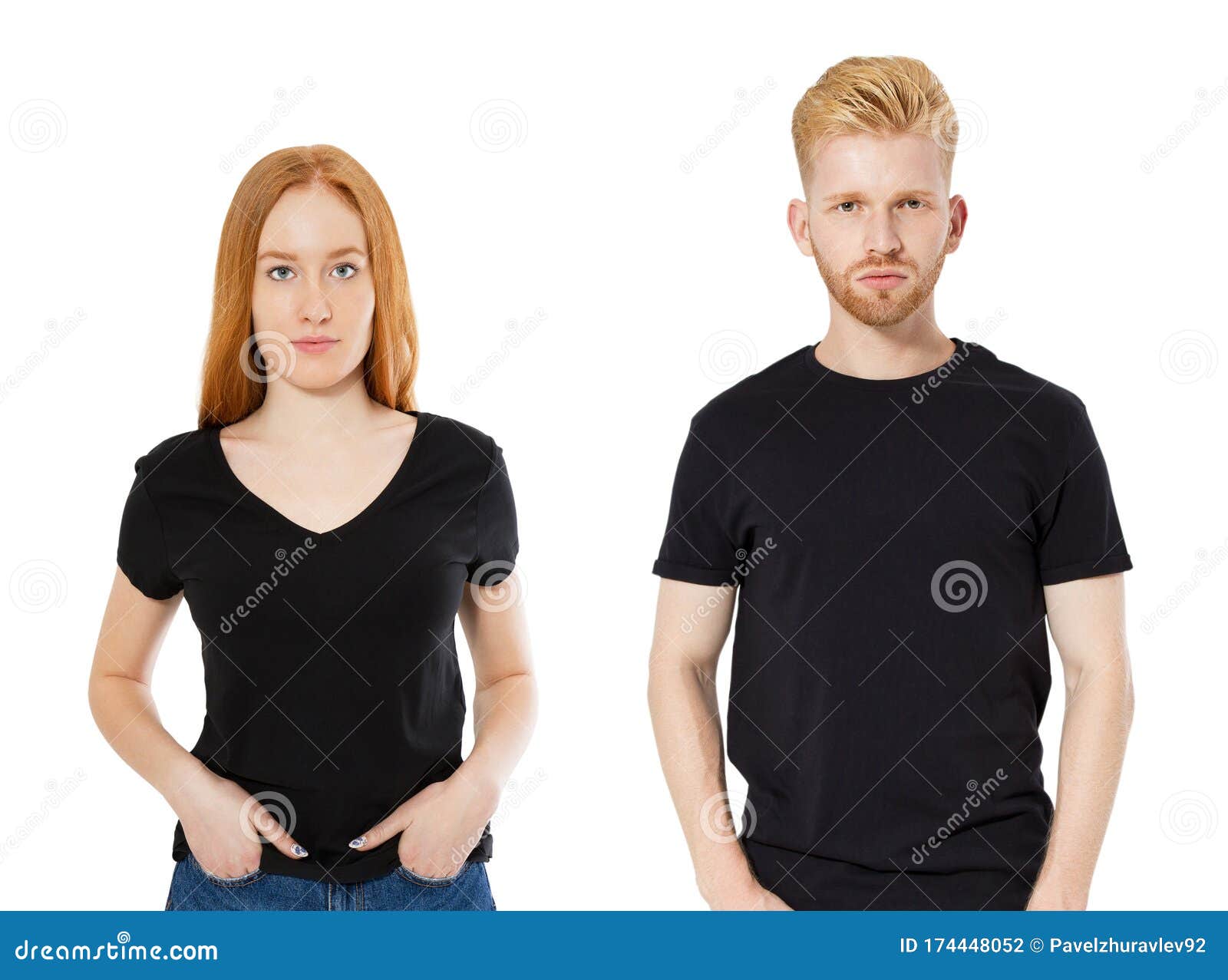 Download Young Red Head Couple In T-shirts On White Background. Mockup Black Tshirt Set For Design Stock ...