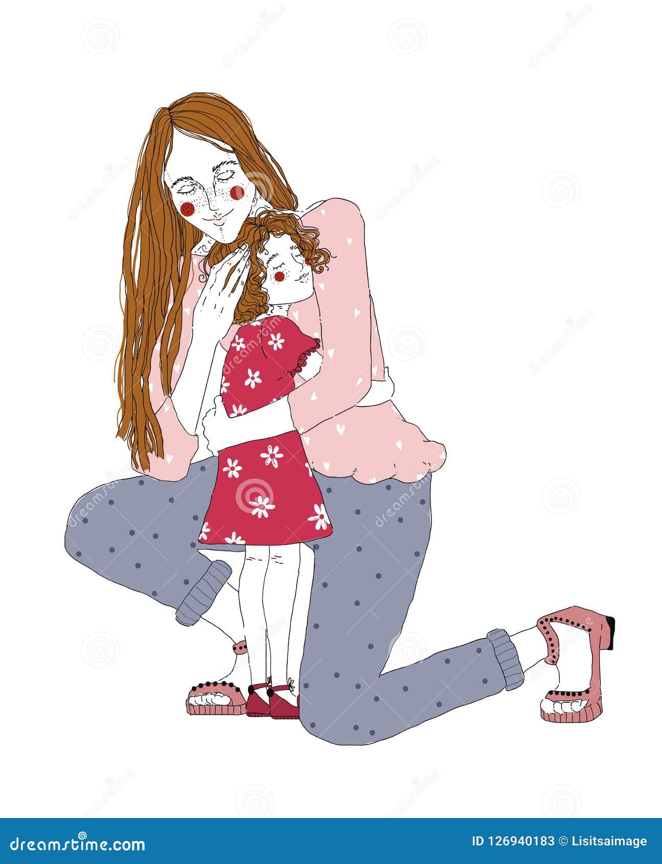 young redhead woman cuddle preschool girl. mother huggs her little doughte and express care and love. happy mothers day