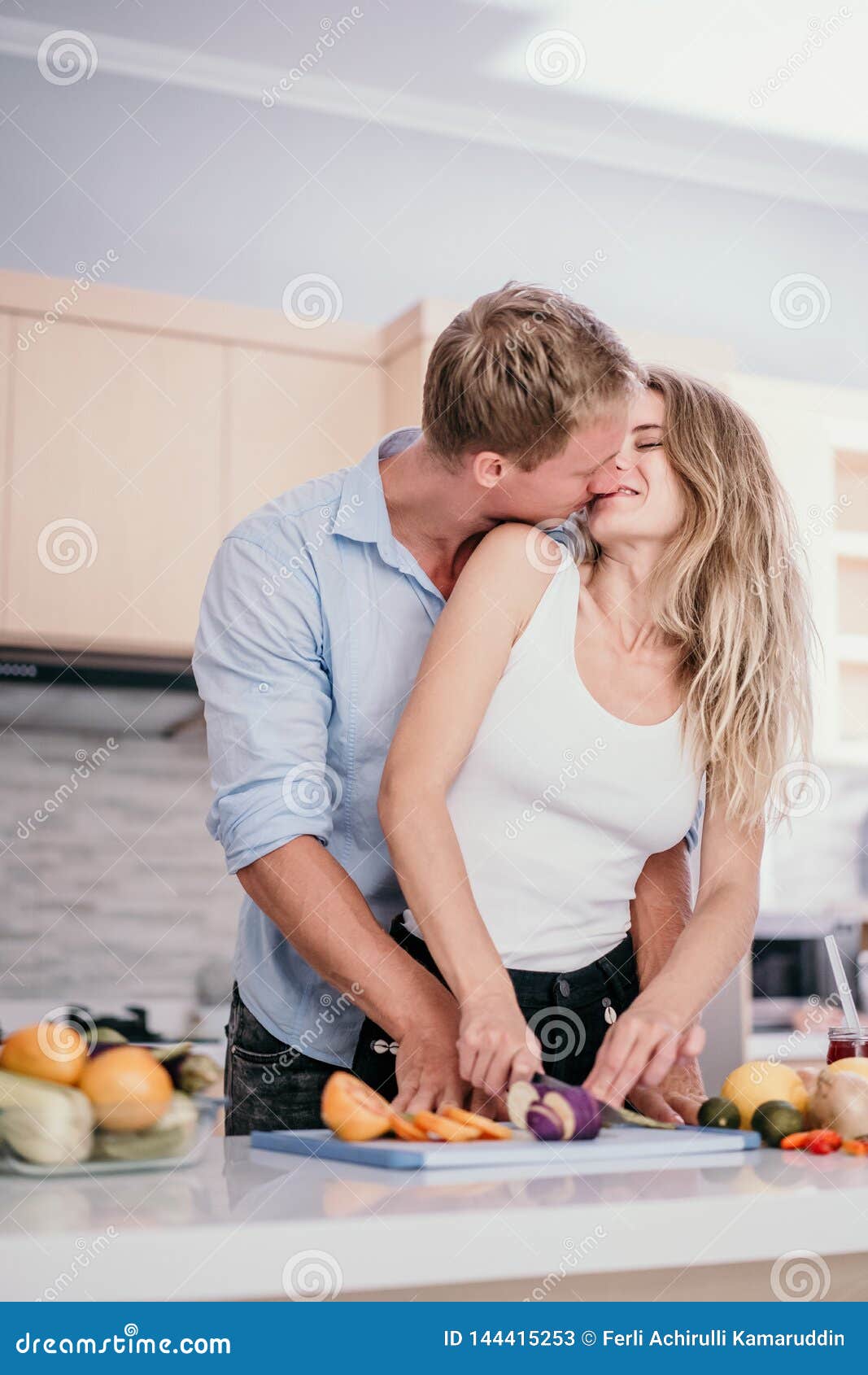 Young Romantic Couple On Modern Kitchen Cooking Together Stock Image Image Of Diet Adult