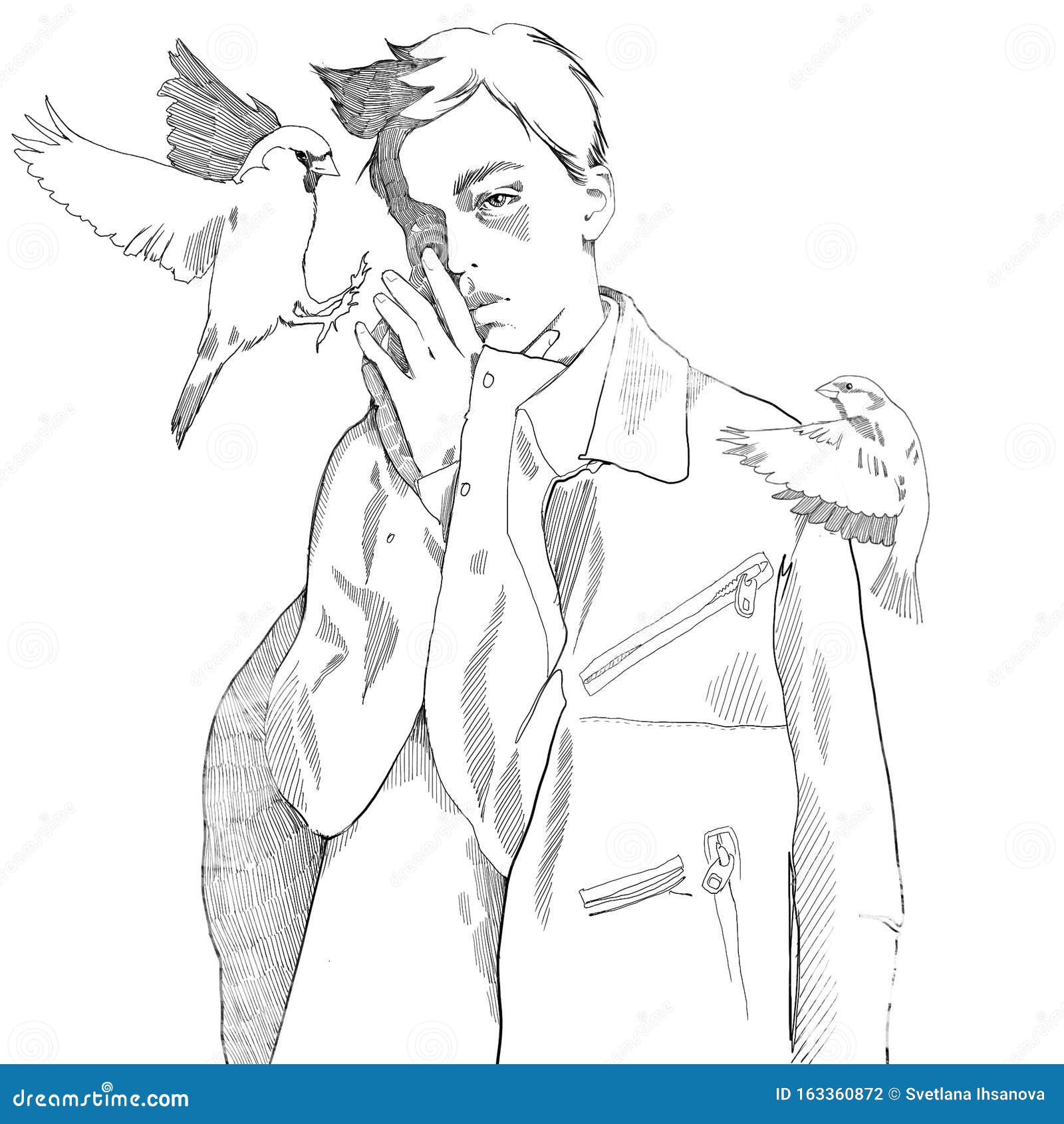 Young 90s Beautiful Beautiful Boy Girl Draw Portrait Illustration With Birds Stock Illustration Illustration Of Misfit Feminine