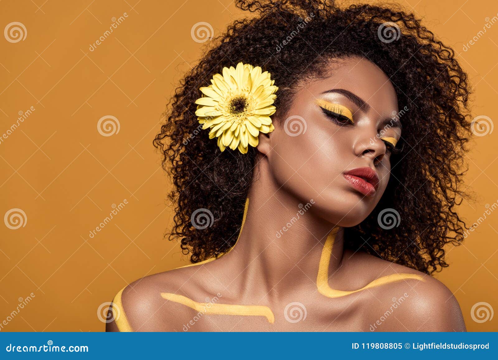 Young Sensual African American Woman with Artistic Make-up and Gerbera in  Hair Stock Image - Image of modeling, people: 119808805
