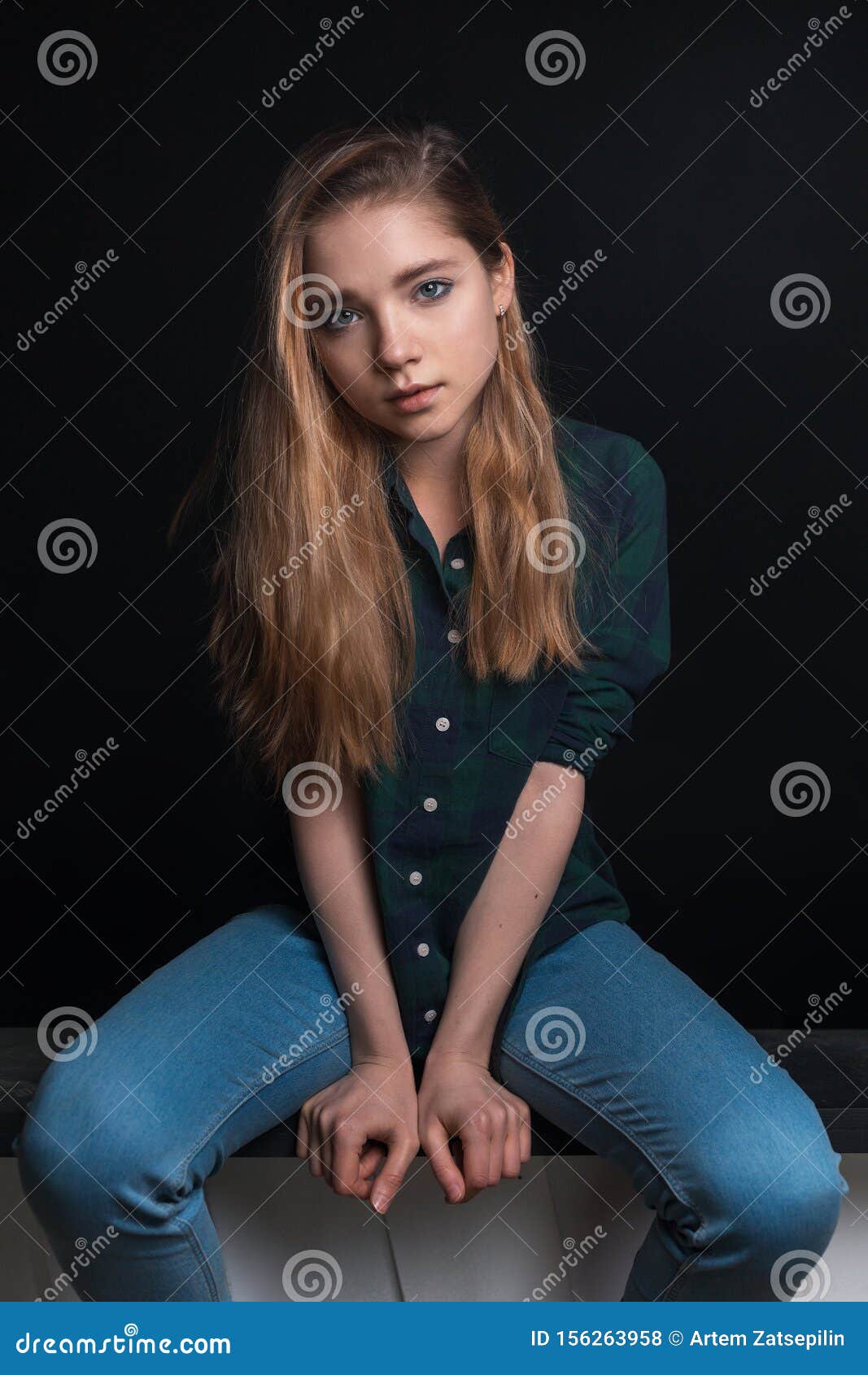 Young Sensual Girl in Checkered Green Shirt Posing on Black Background ...