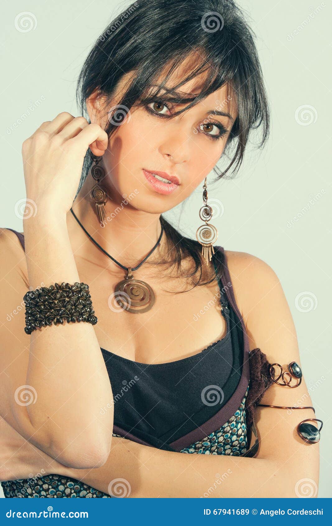 Young Sensual Italian Woman With Accessories. Black Hair 