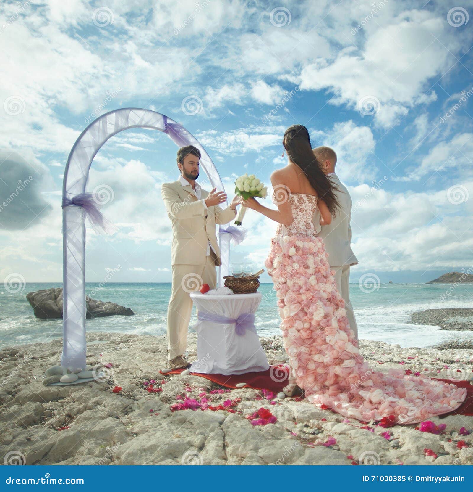 young sexy attractive couple listening preacher speech duri gorgeous ceremony sandy beach dream destination wedding 71000385