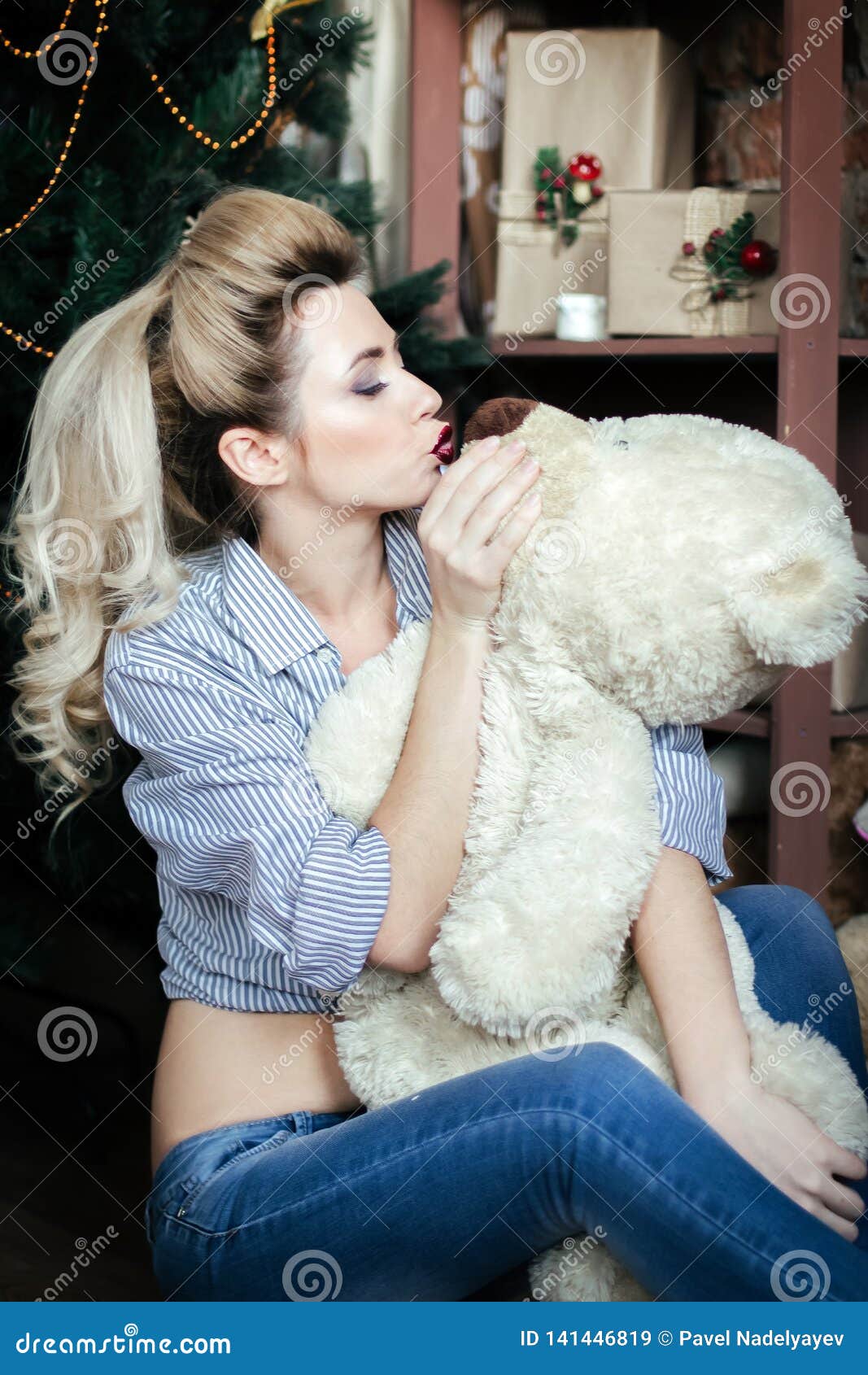 Young Beautiful Girl Hugging Kissing Big Teddy Bear Soft Toy on ...