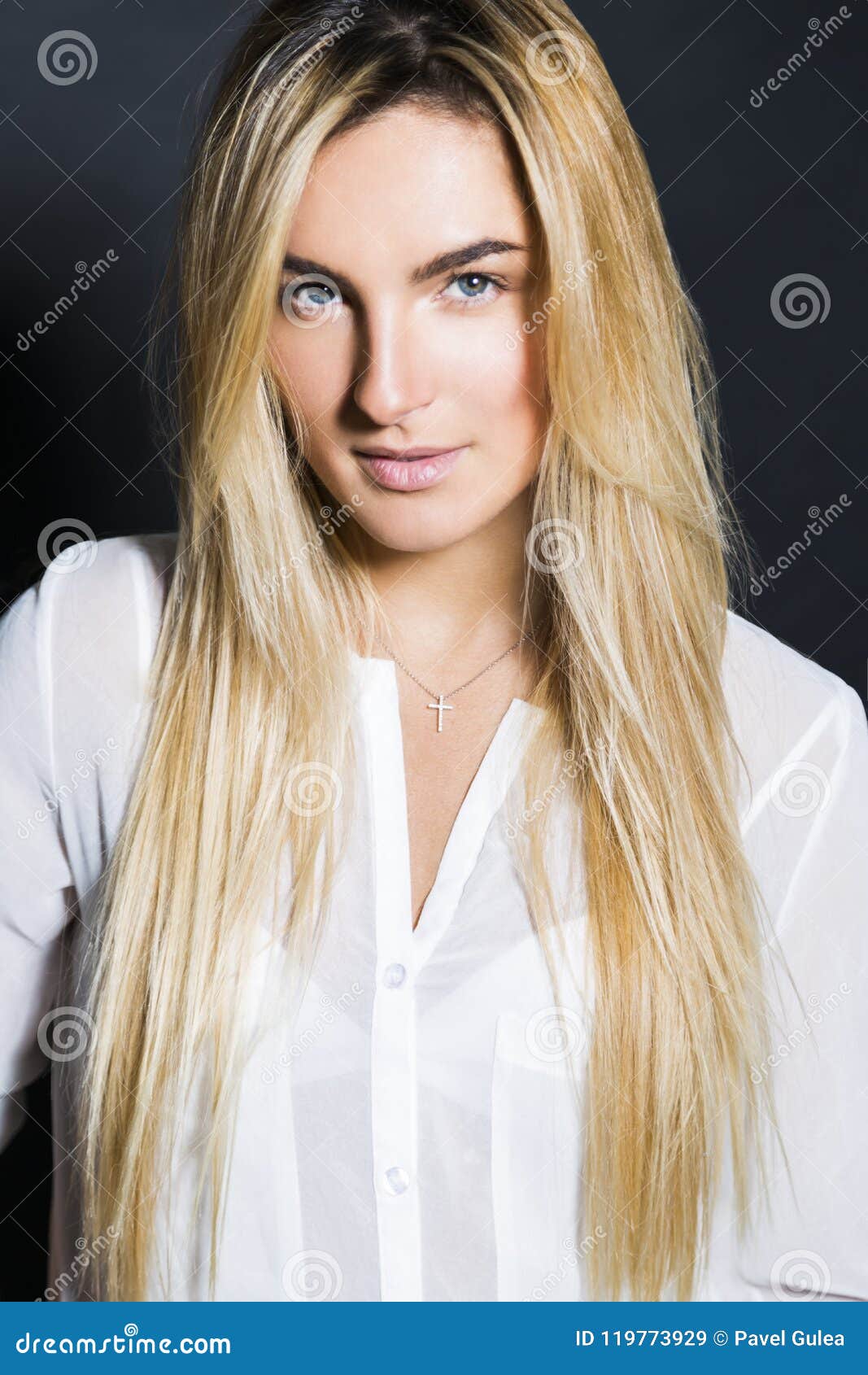 Young Blonde Hair Beautiful Girl In Shirt Stock Image