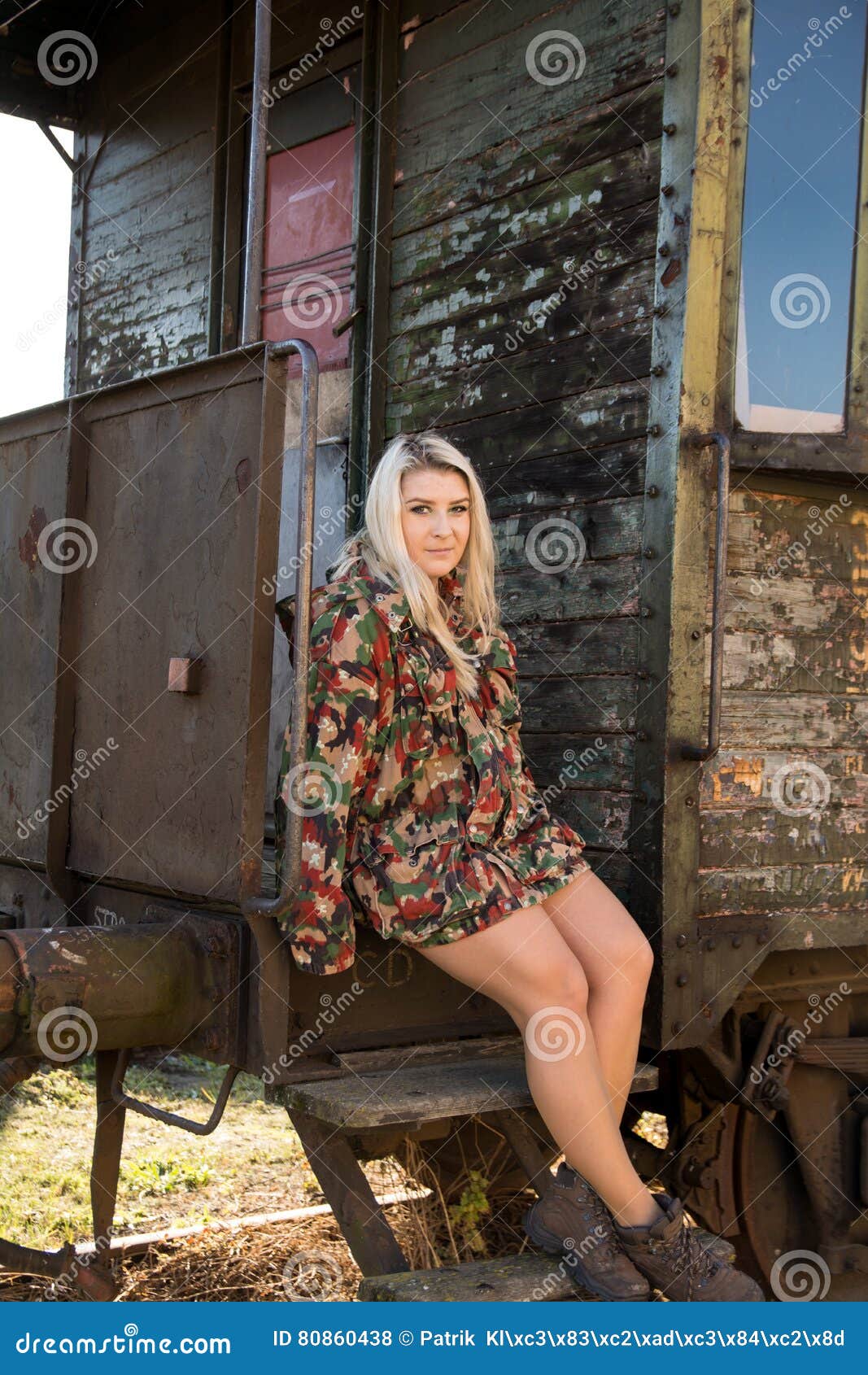 Young Girl on the Old Railway Station with Train Stock Photo - Image of