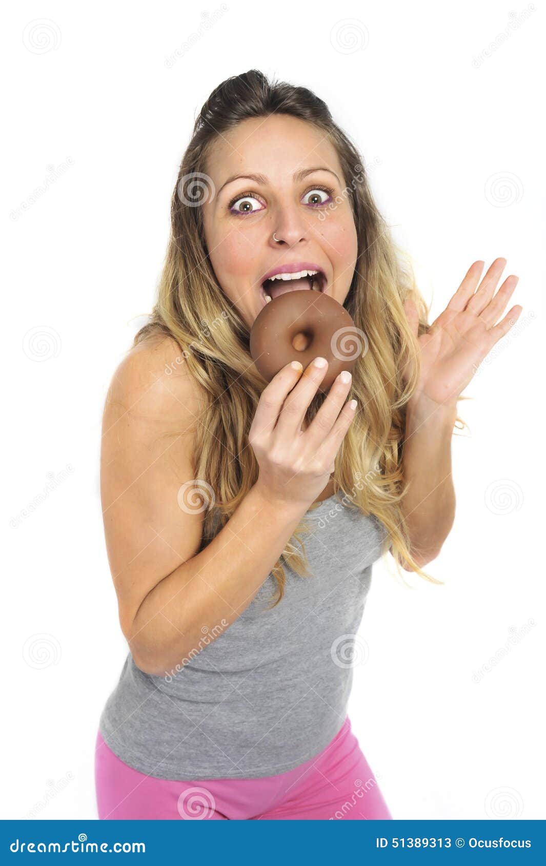 Young Naughty Woman Eating Chocolate Donut Happy Guilty For Unhealthy