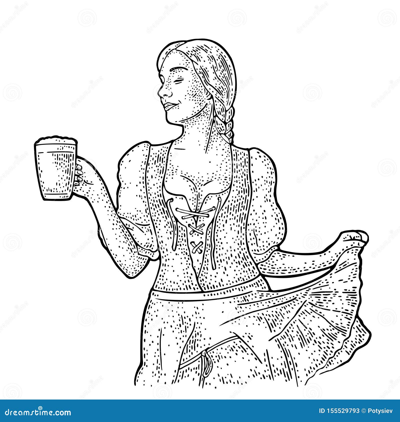 Young Oktoberfest Woman Holding Beer Mug. Vintage Vector Engraving ...