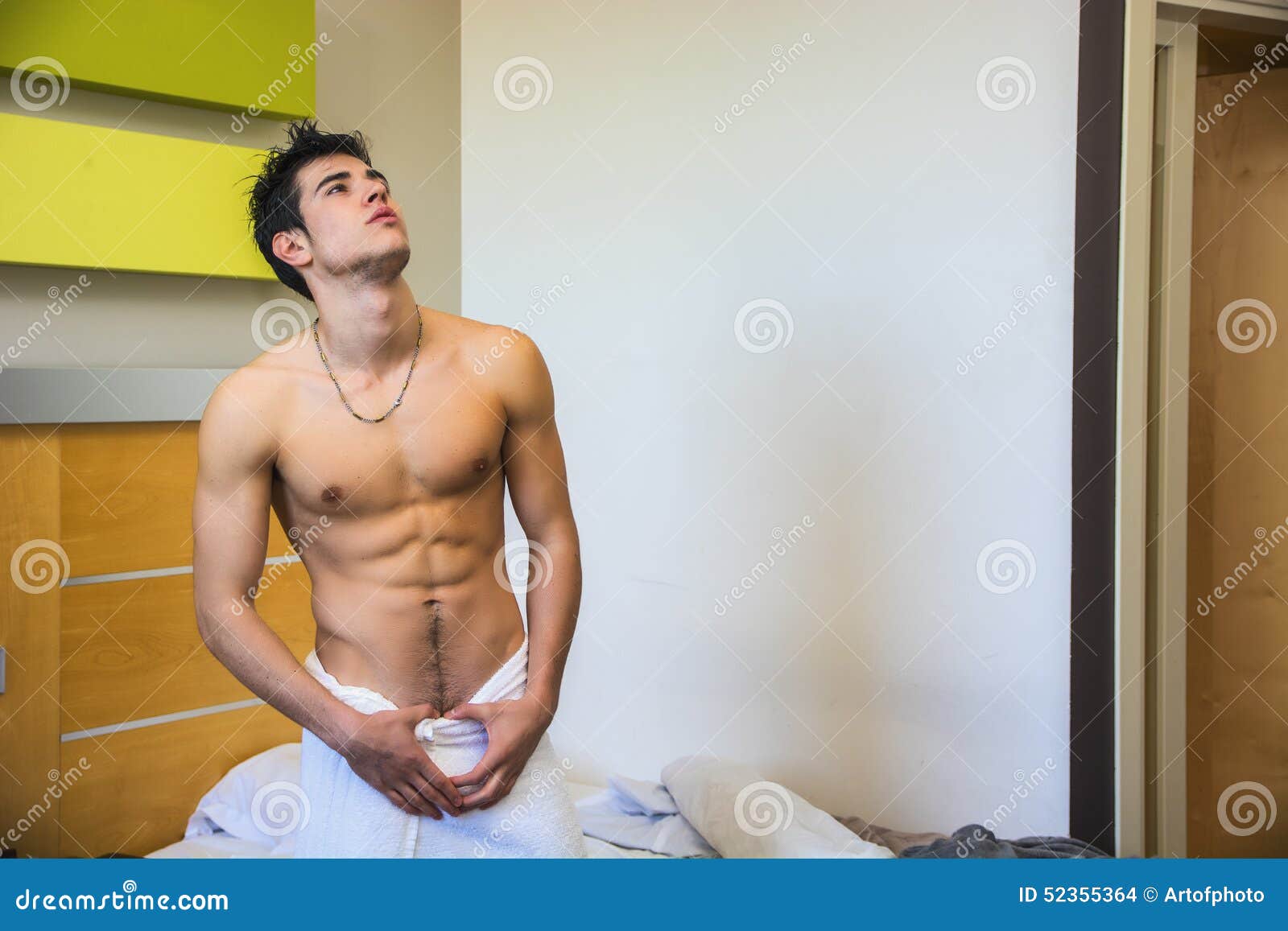 Young Shirtless Man Covered With Towel At Home In Stock Photo - Image