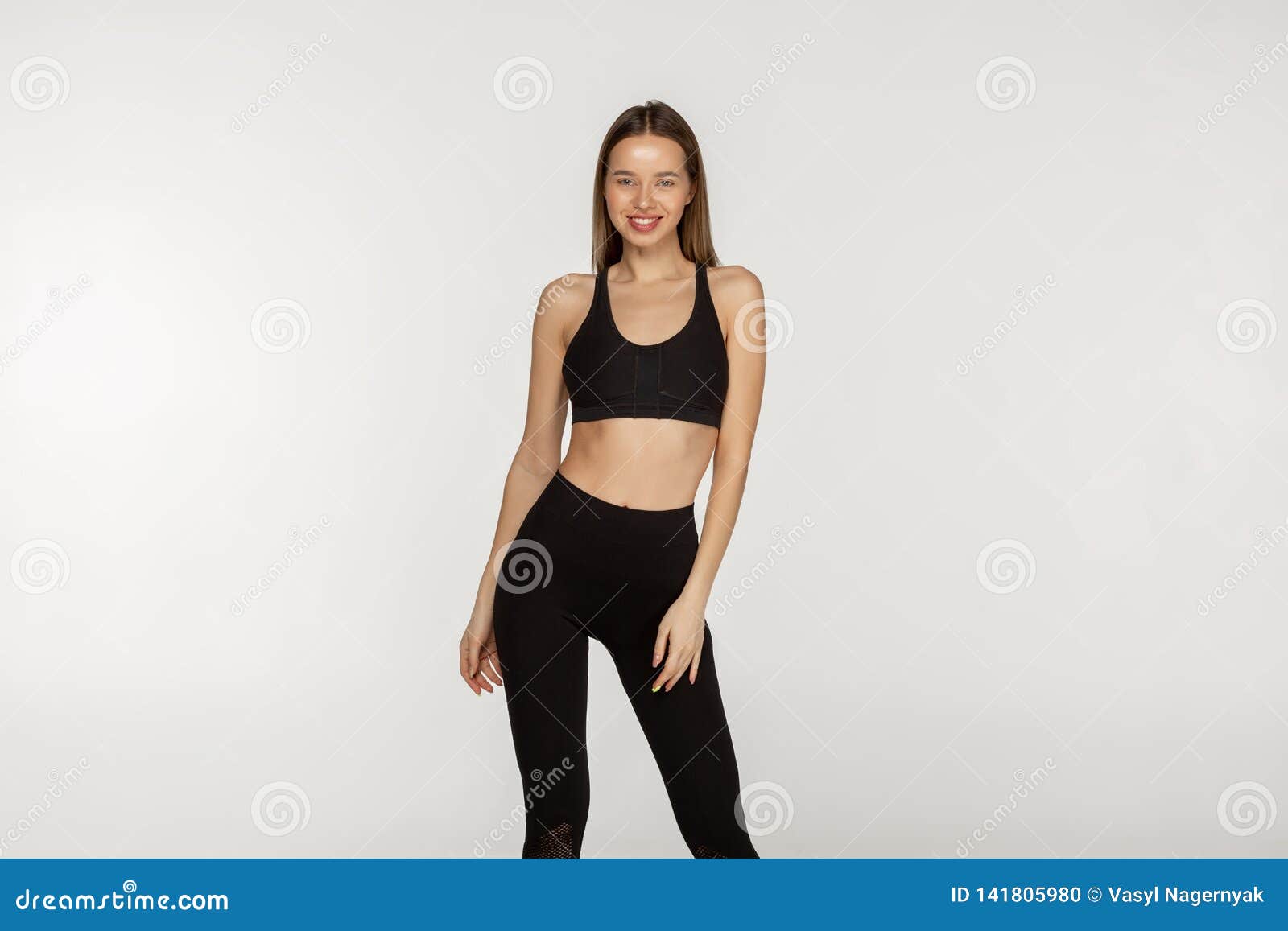 Young Slim Girl in a Black Tight Suit for Yoga and Fitness Stock Photo -  Image of action, person: 141805980