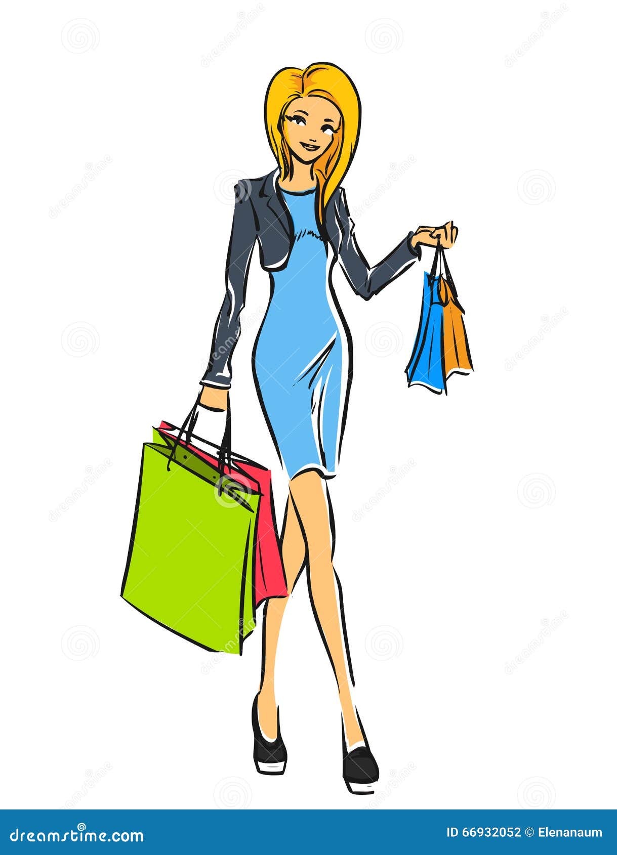 Young Slim Girl in Short Dress with Shopping Bags Stock Vector ...