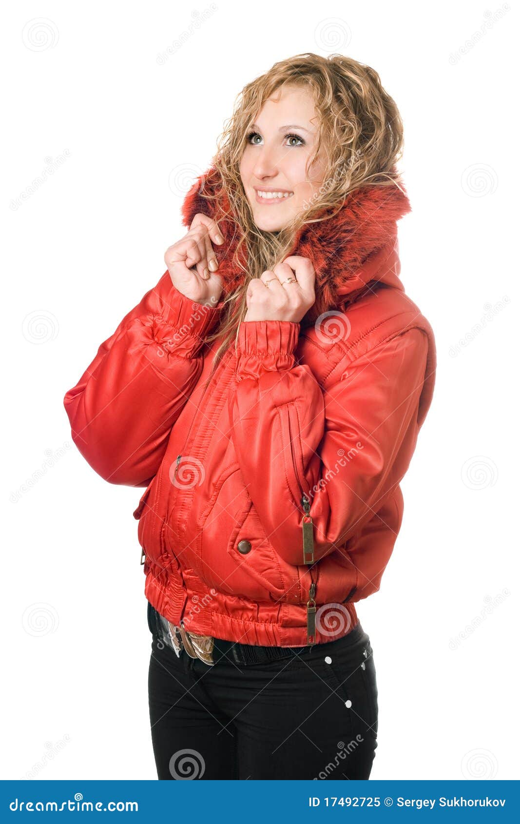 Young Smiling Blonde in Red Jacket Stock Image Image of beautiful