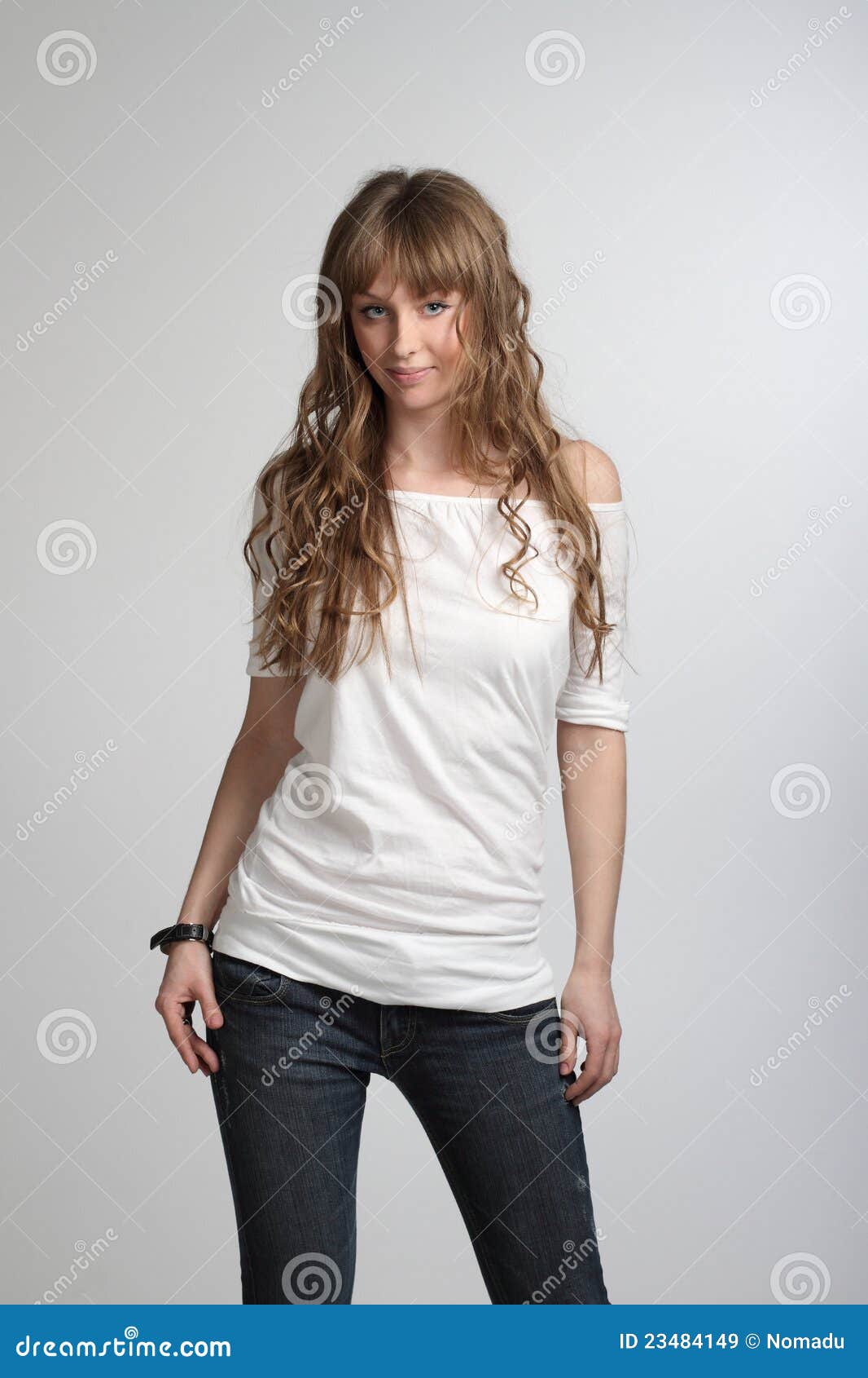 Young Smiling Girl Posing in White TShirt Stock Image Image of