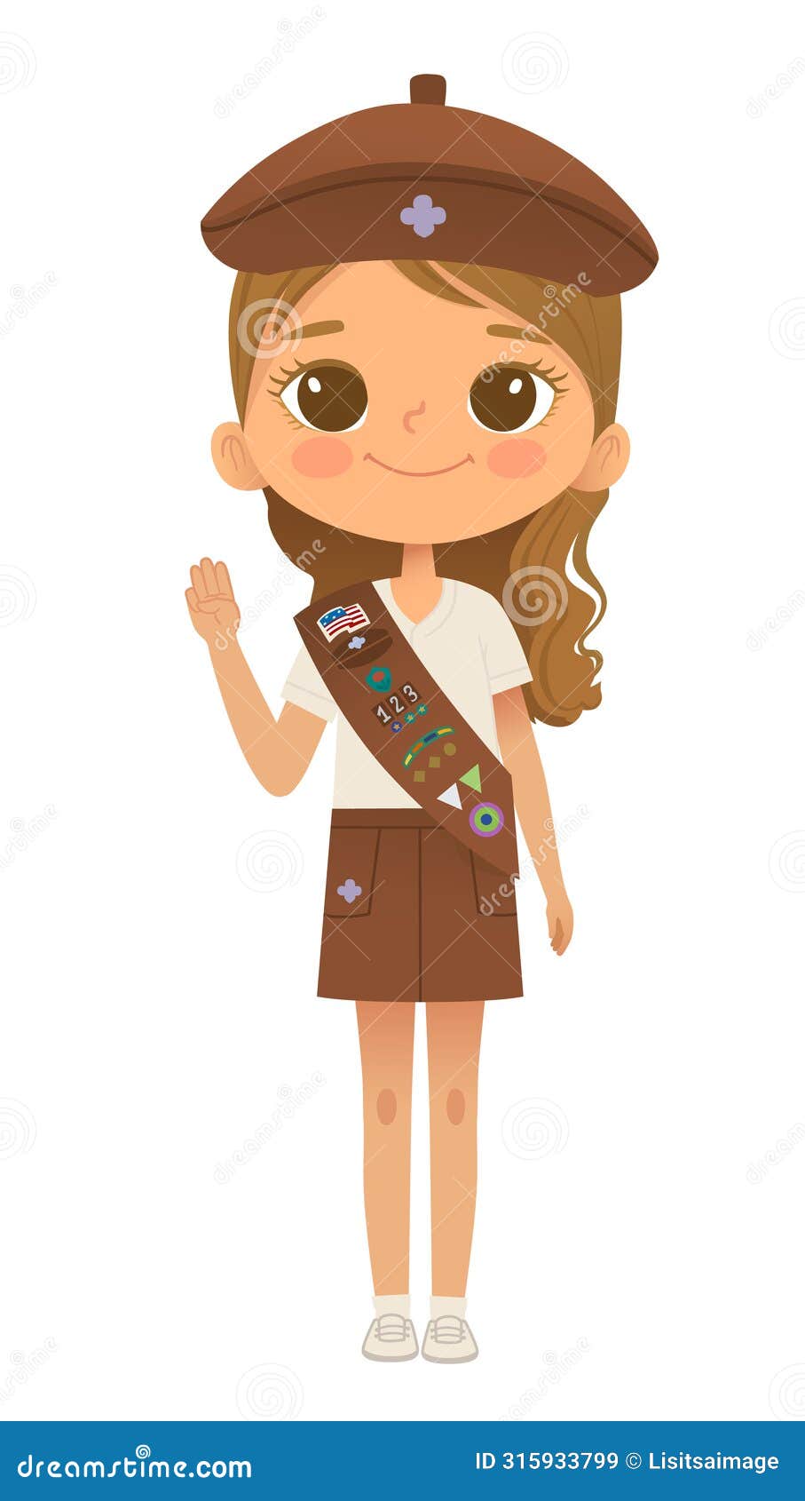 young smiling girl scout wearing sash