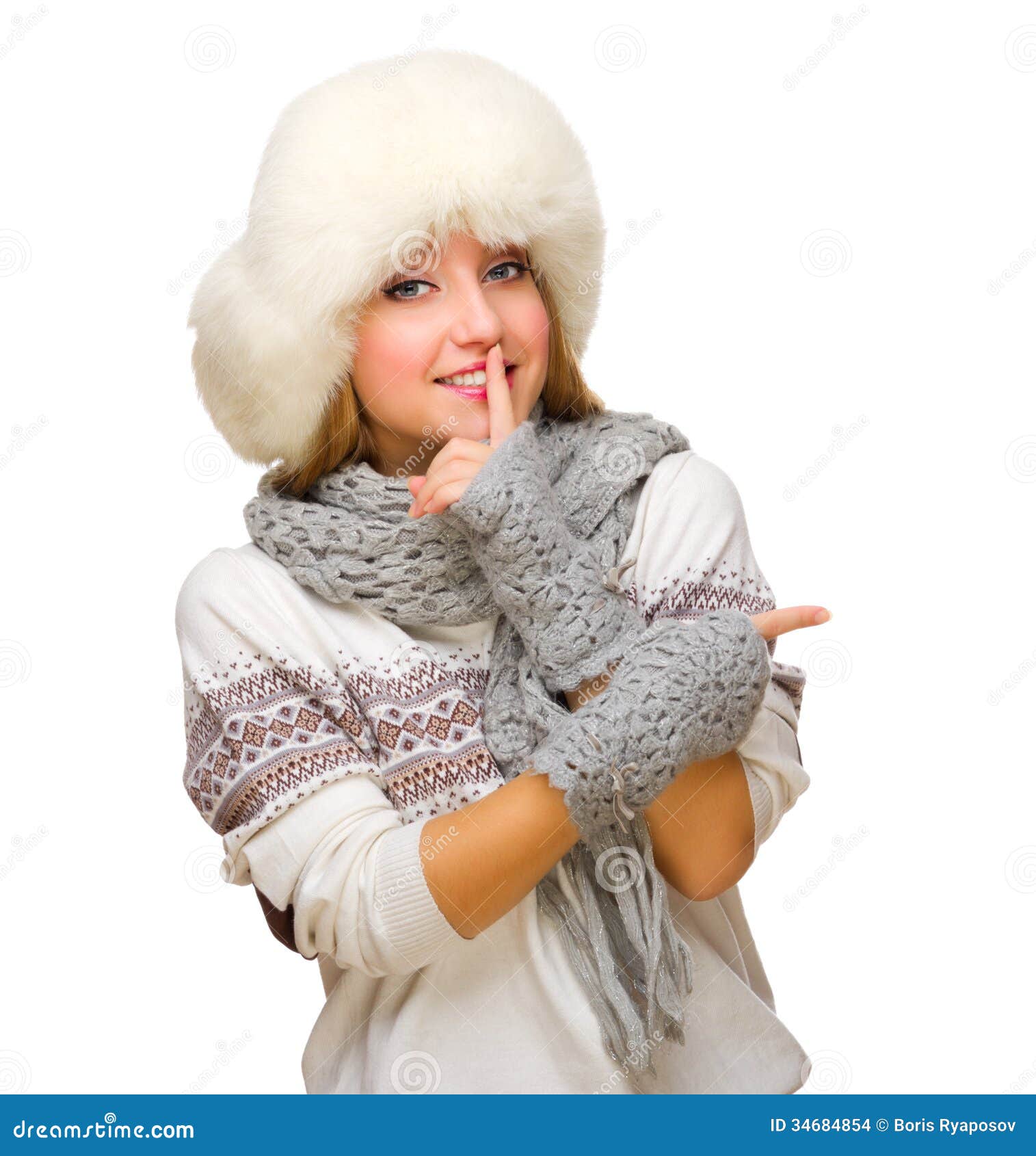 Young Smiling Girl Shows Pointing Gesture Stock Photo - Image of ...