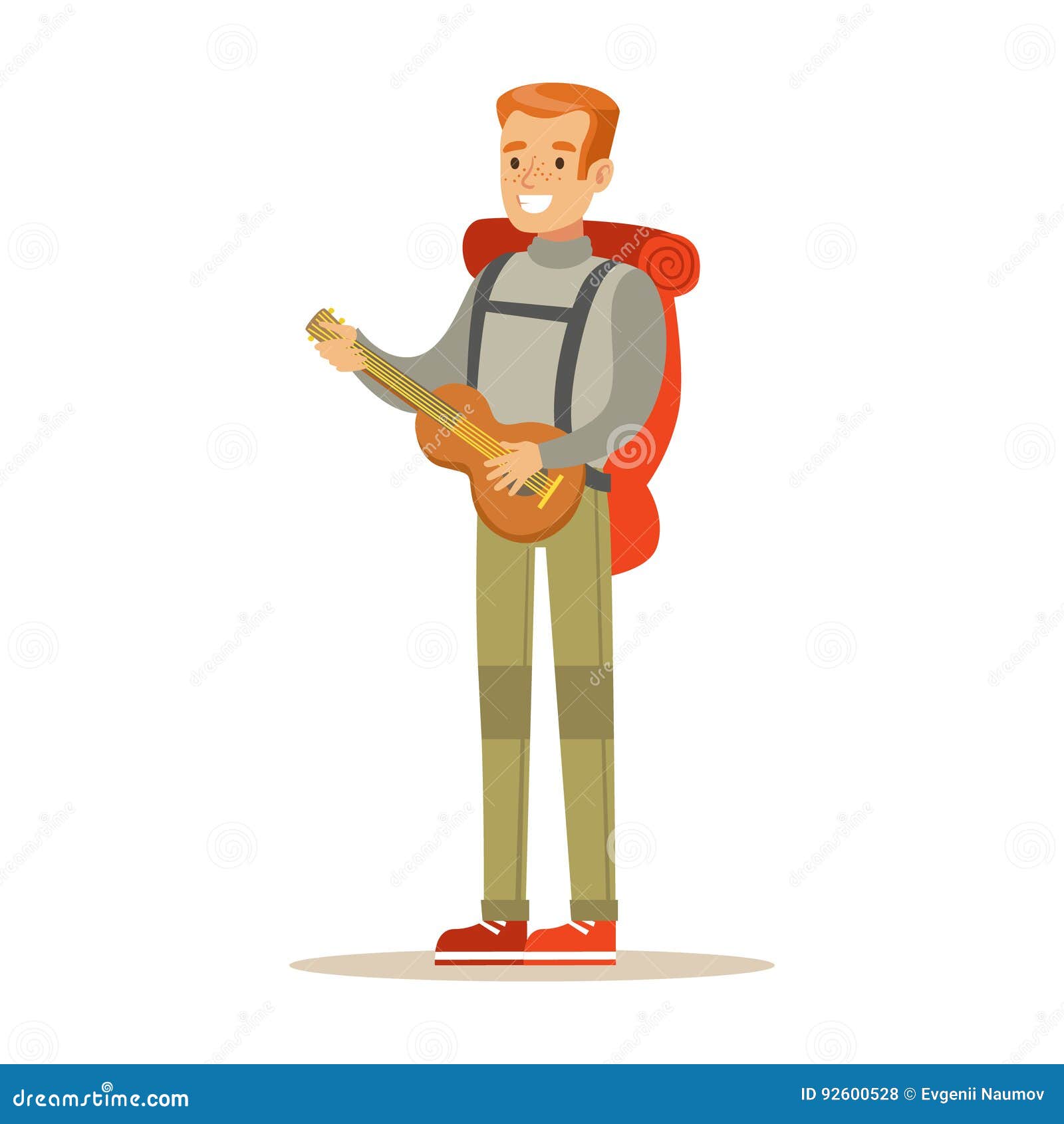 young smiling man traveler with backpack and quitar. summer camping colorful cartoon character  