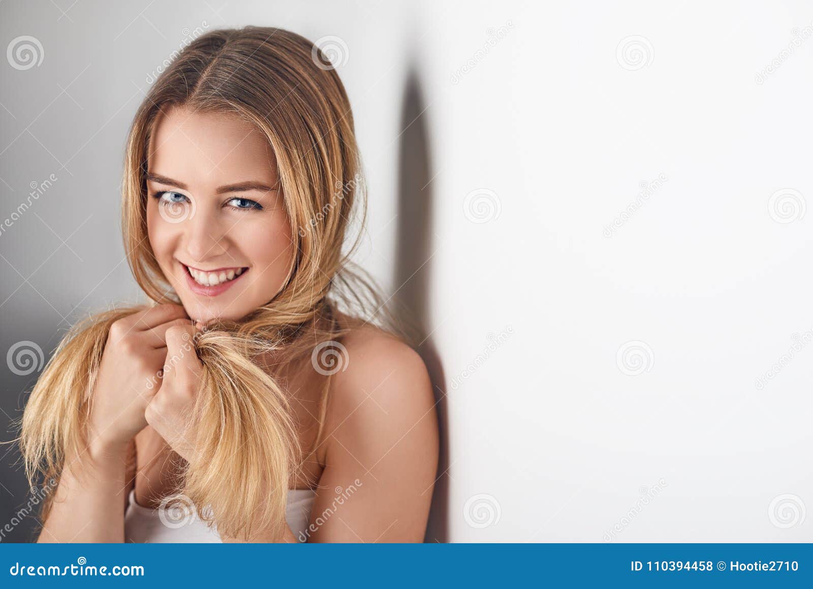 Young Smiling Shy Blond Woman Stock Photo Imag