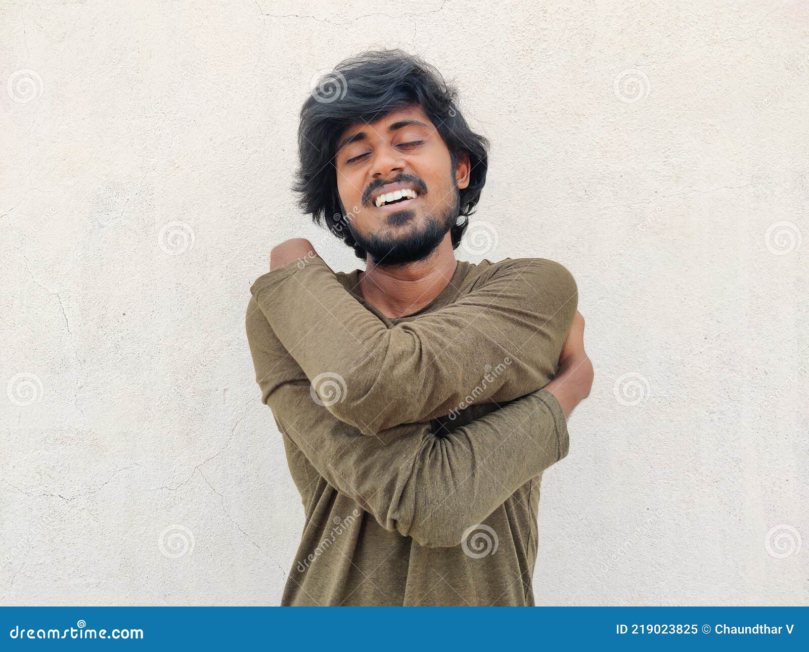 Tamil Man with Long Hairs, Beard Wearing Full Sleeves is Hugging Himself or  Oneself. Self Care Stock Image - Image of fashion, cheerful: 219023825