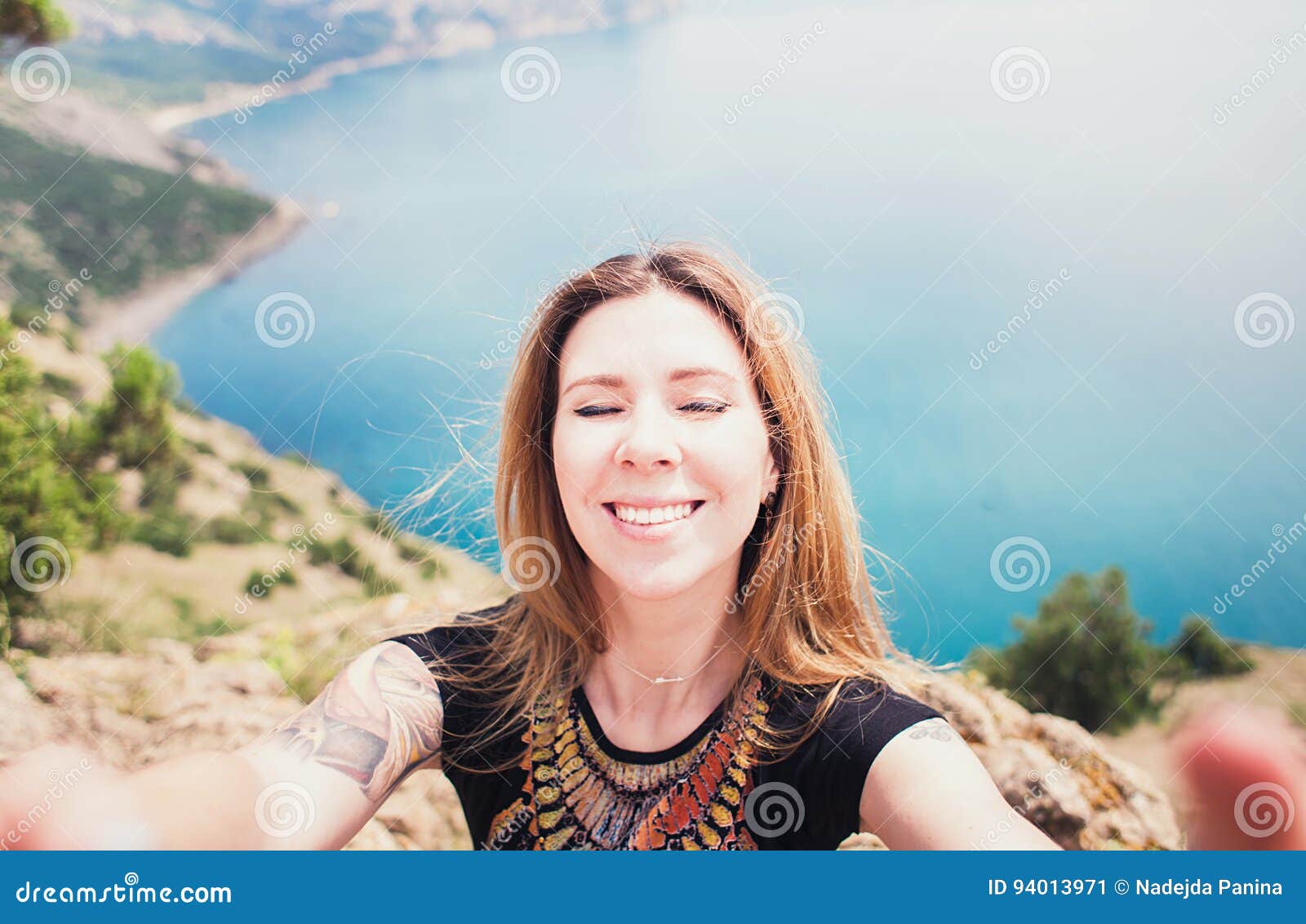 Young Smiling Woman Taking Travel Selfie On Trekking Excursion Day