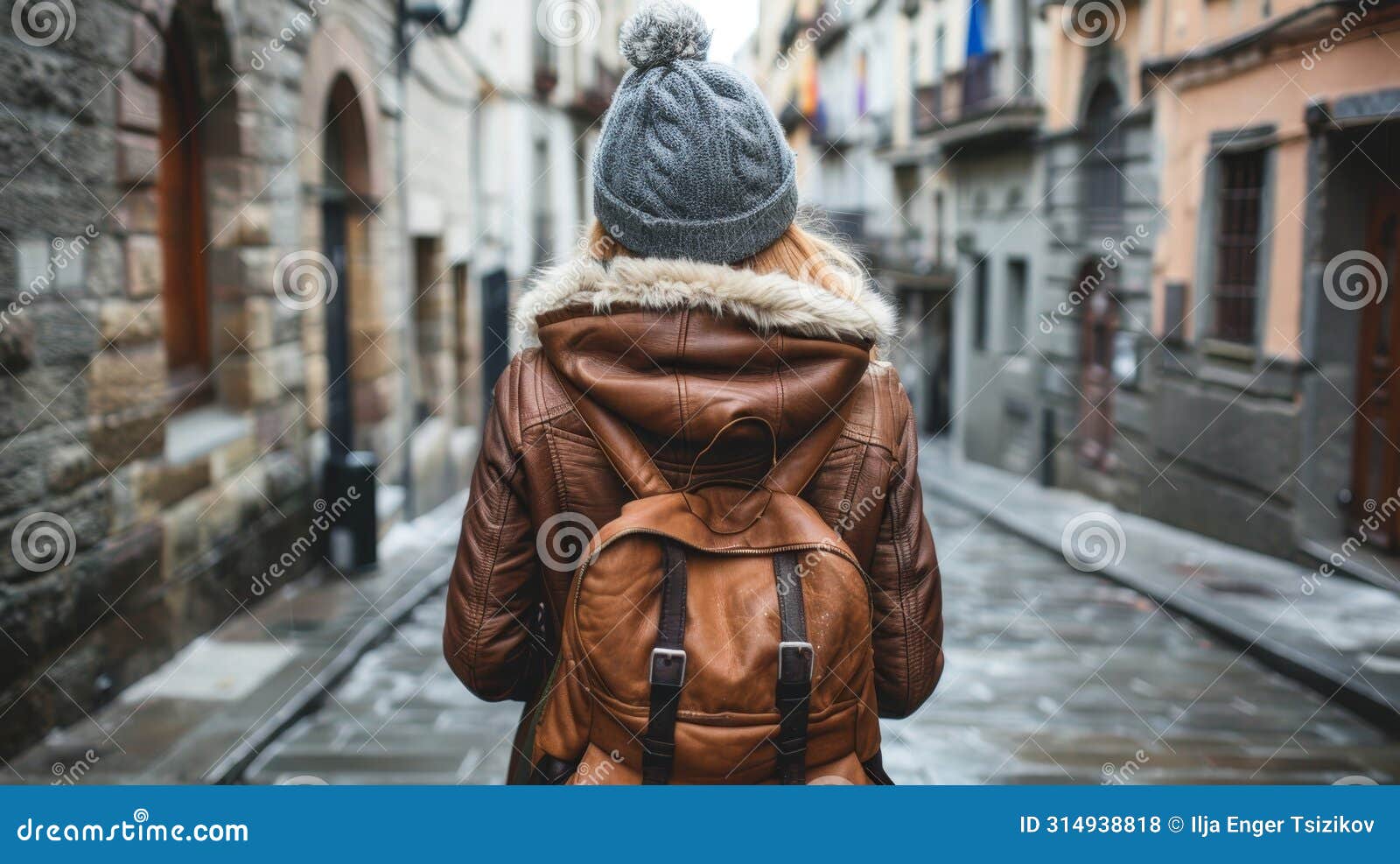 young solo traveler in spain s old town, backpacking through charming streets on a vacation