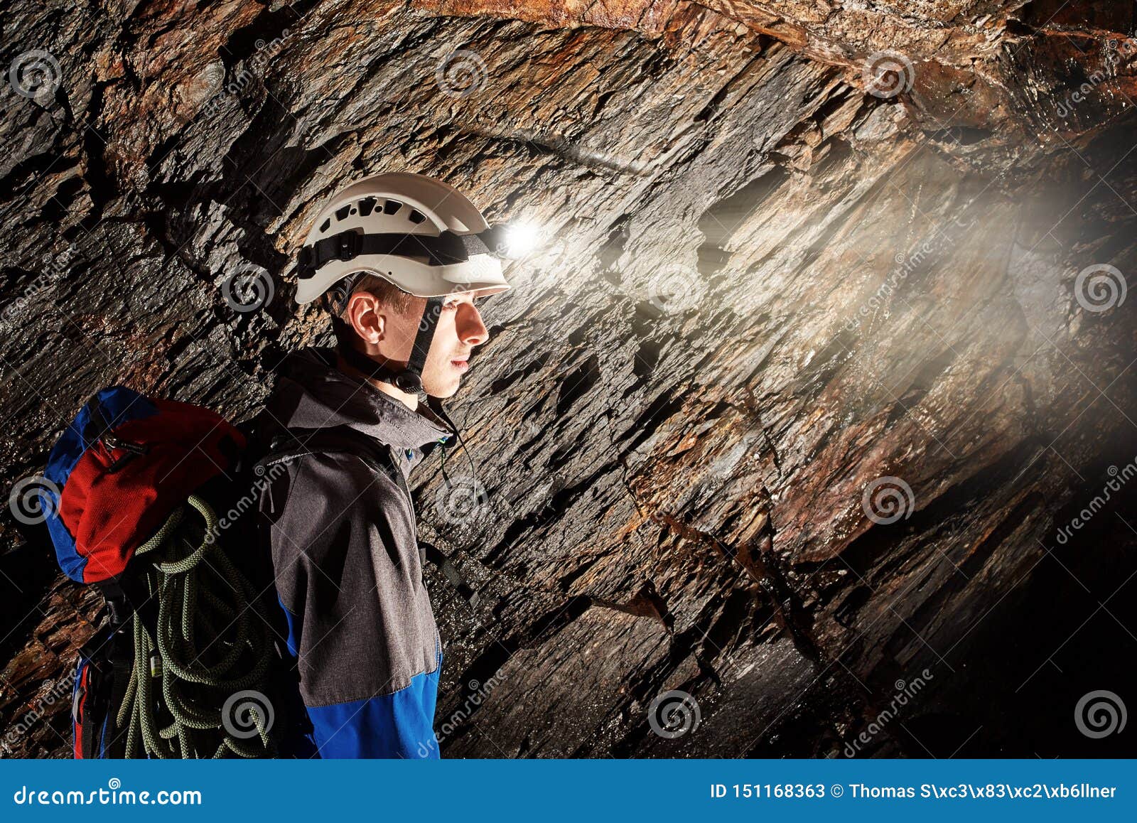 Cave Exploration with Helmet and Headlight Stock Image Image of