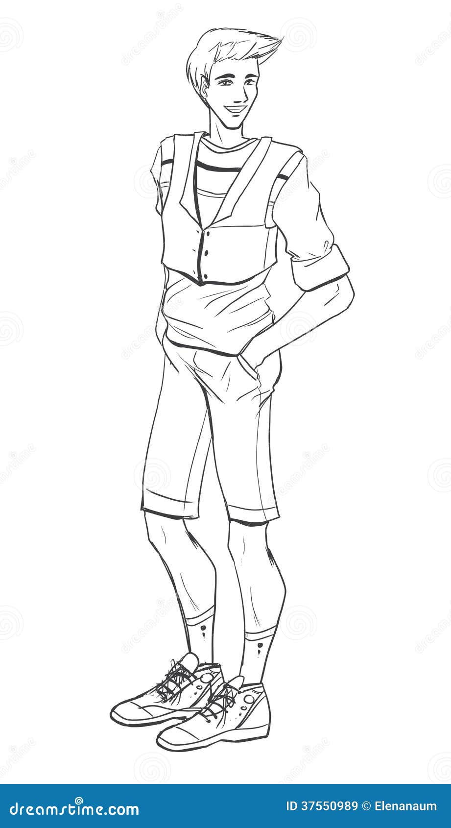 Young sporty man. Standing handsome young guy in sporty dress. Vector picture drawing by black lines.