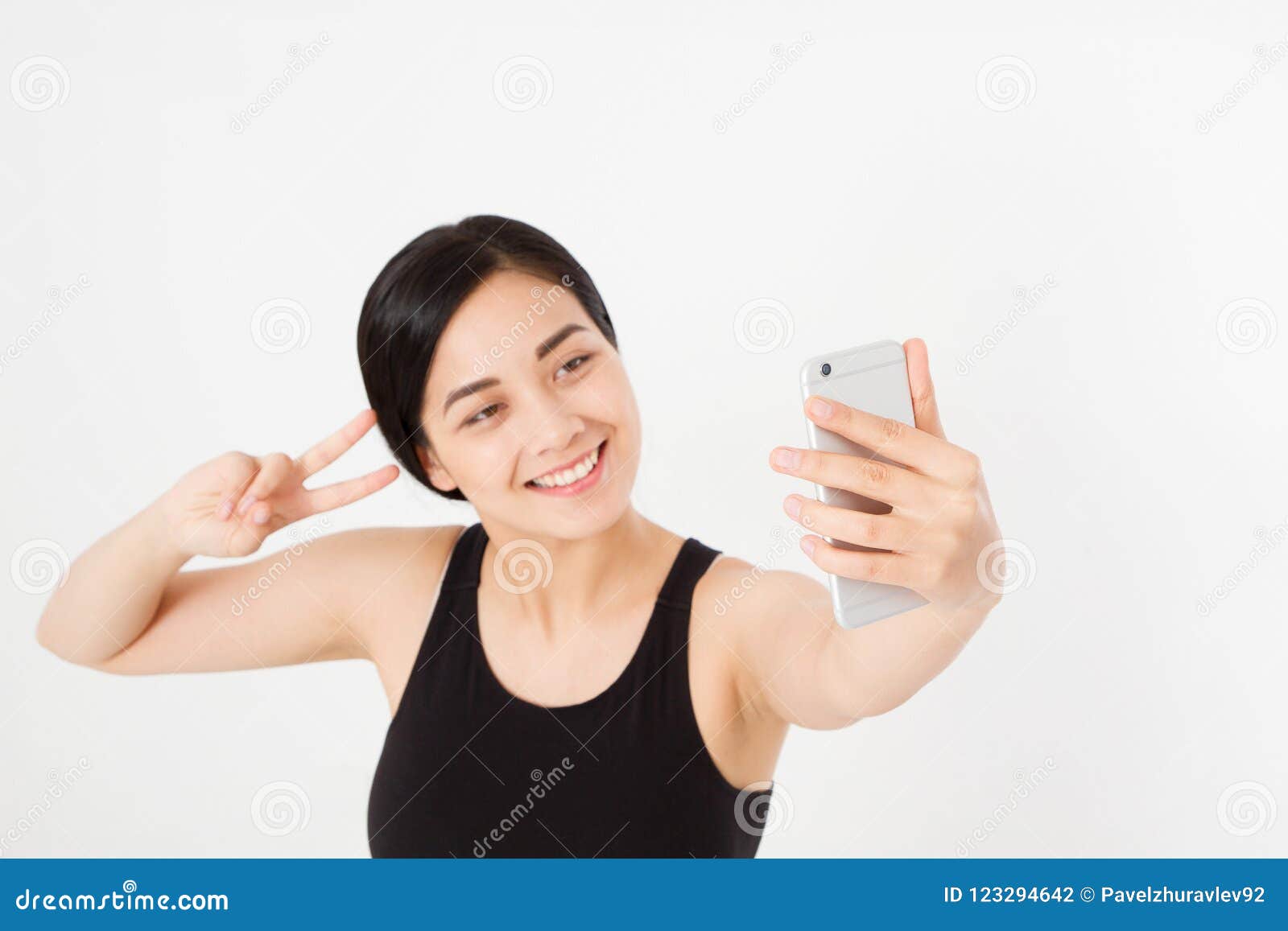 Young Student Asian Japanese Girl Makes Selfie On Her Mobile Phone