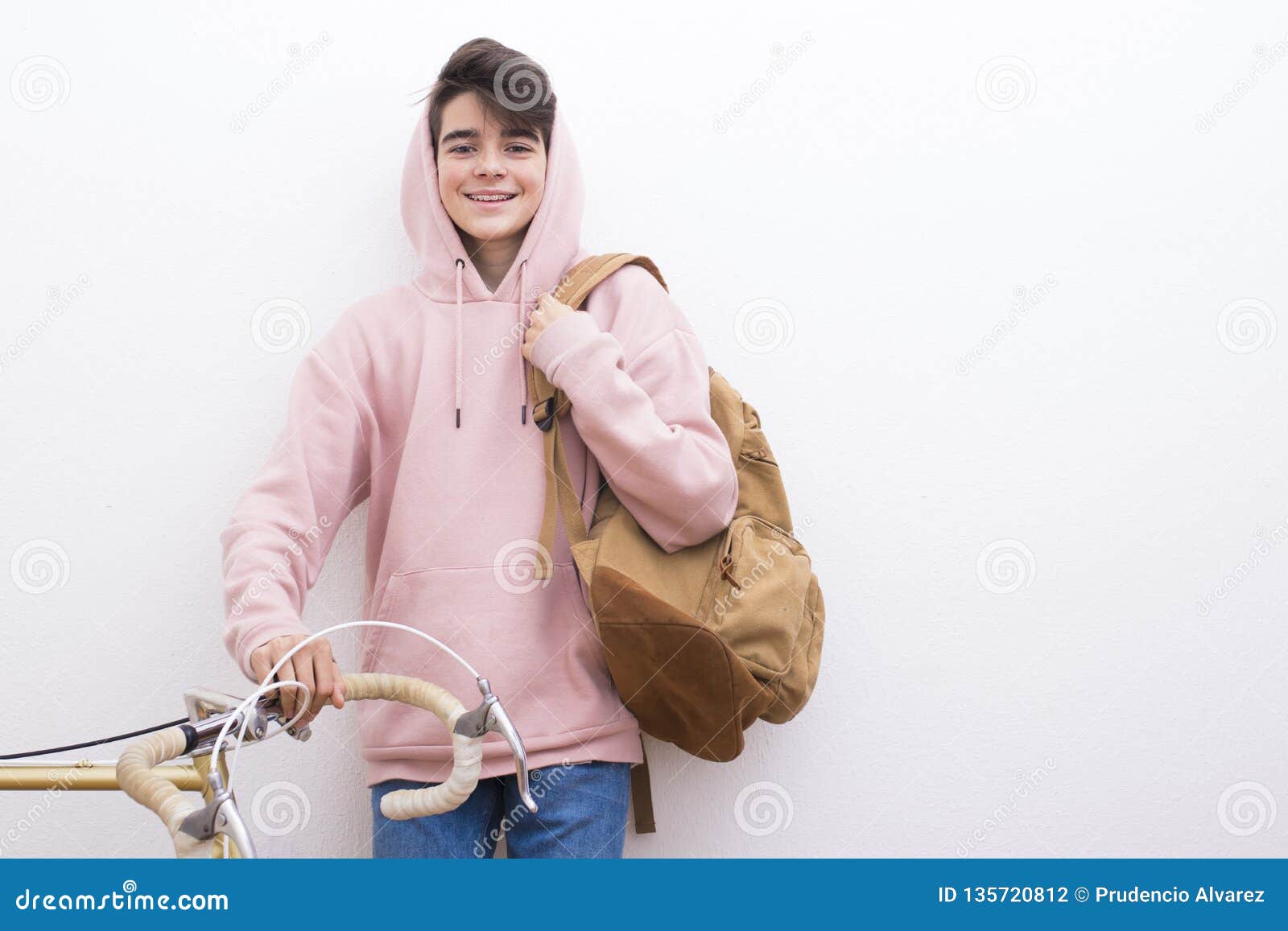 Young Student with Backpack and Bicycle Stock Photo - Image of cellular ...