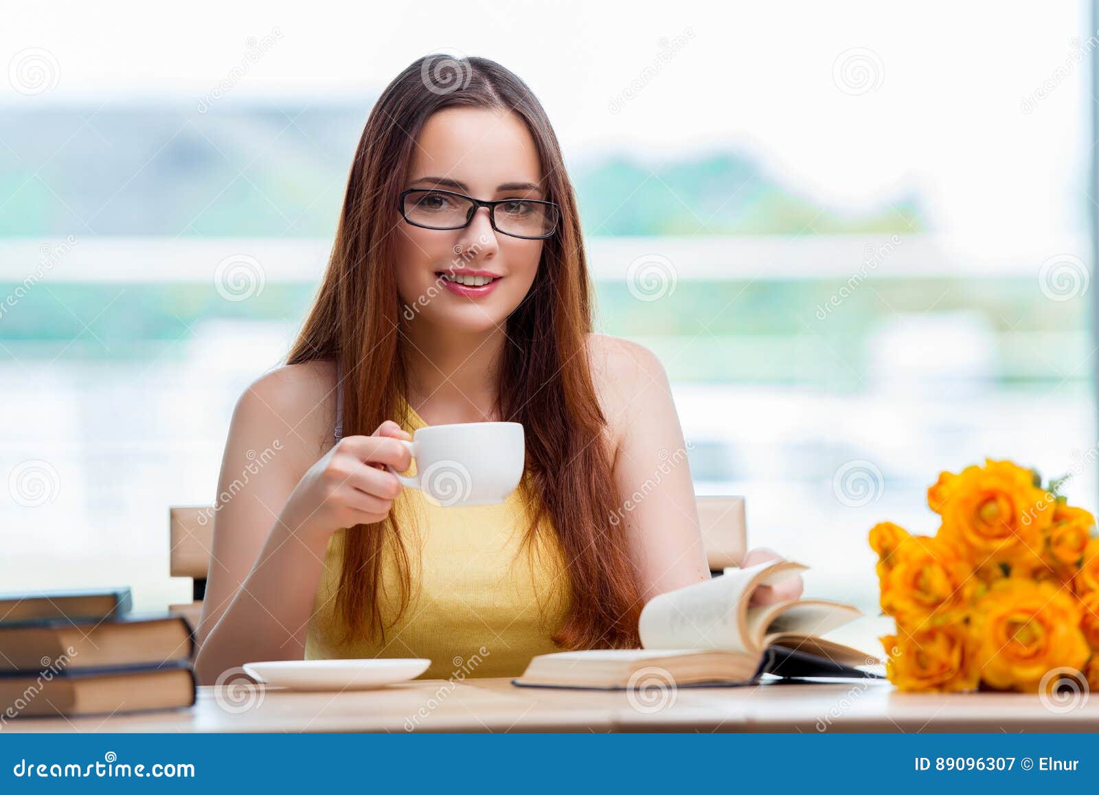 The Young Student Drinking Coffee while Sudying Stock Image Image of