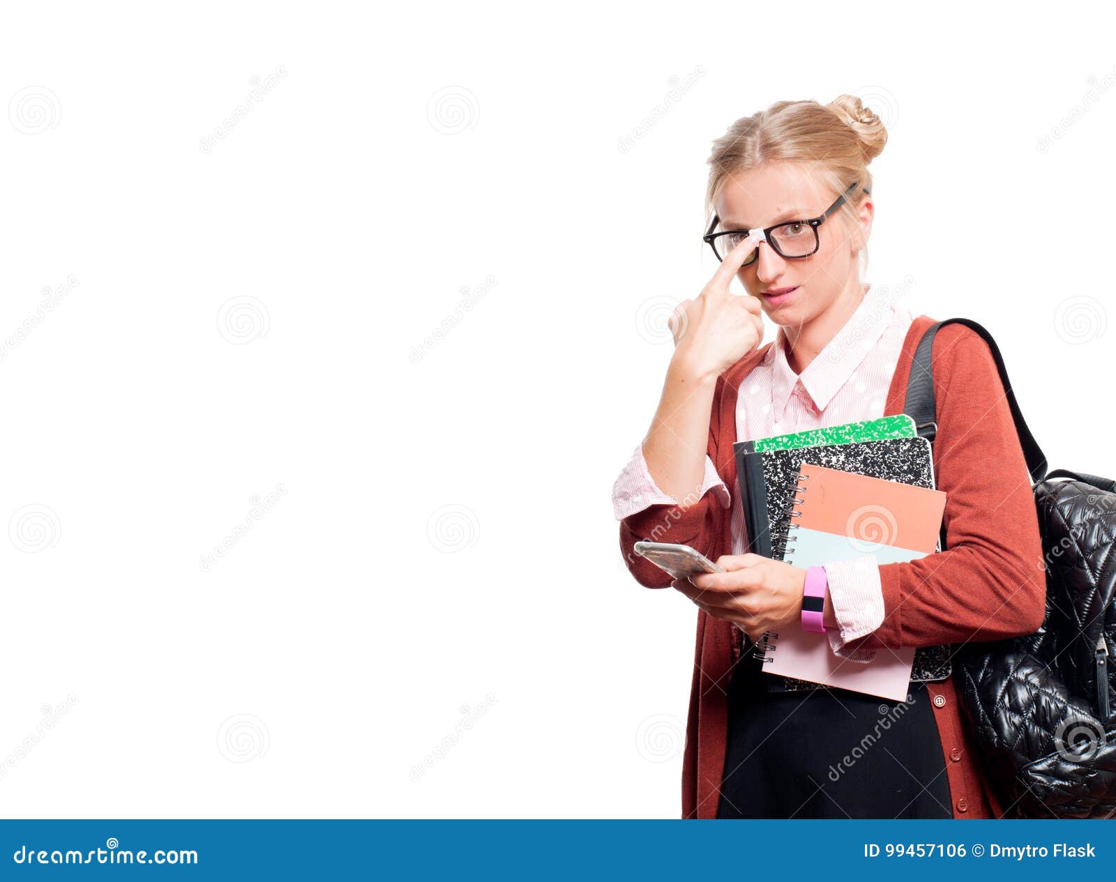 Young Student Girl Holding Books and Using Smart Phone.. Back To School ...