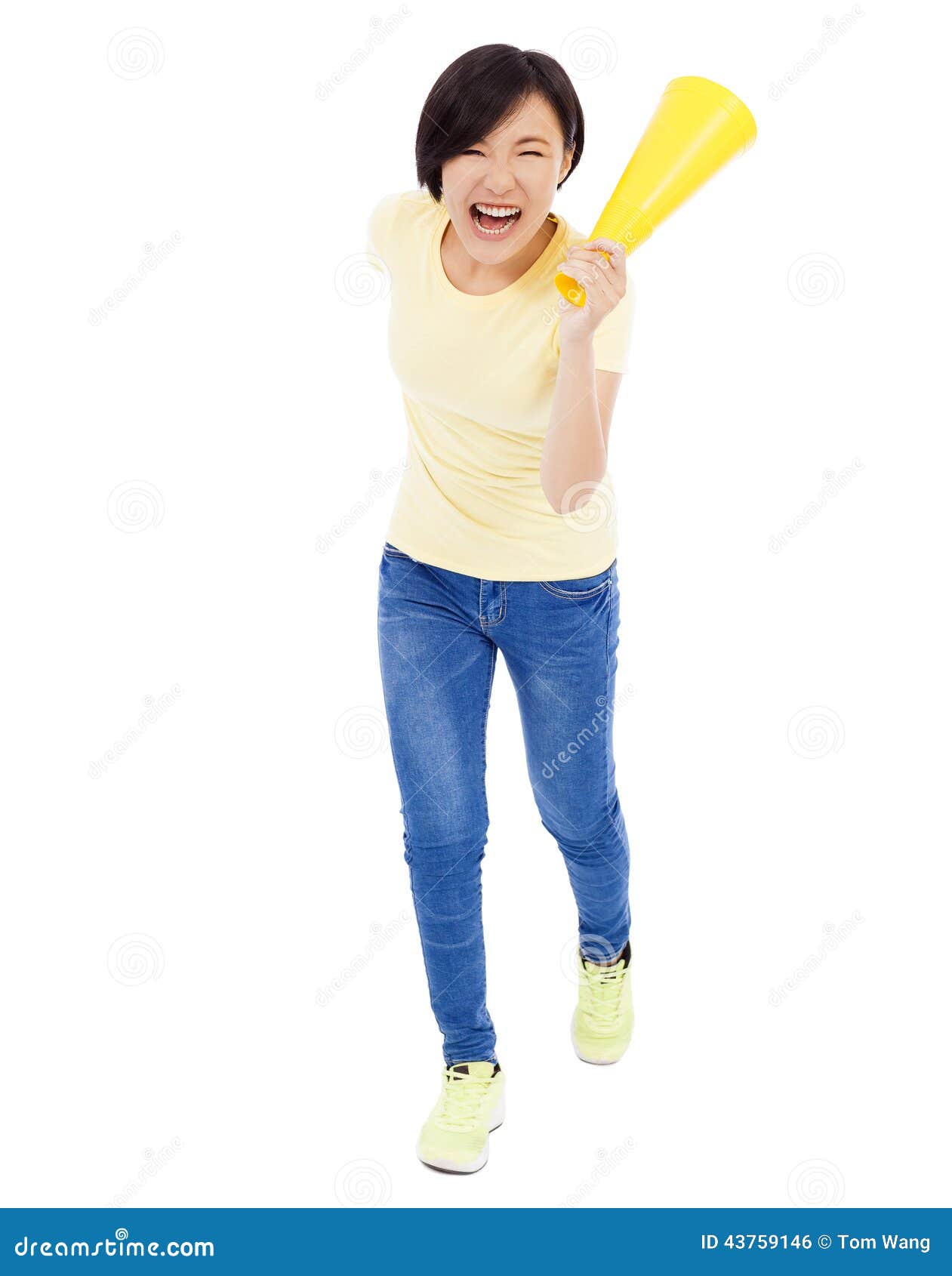 Asian young student girl holding megaphone over white background