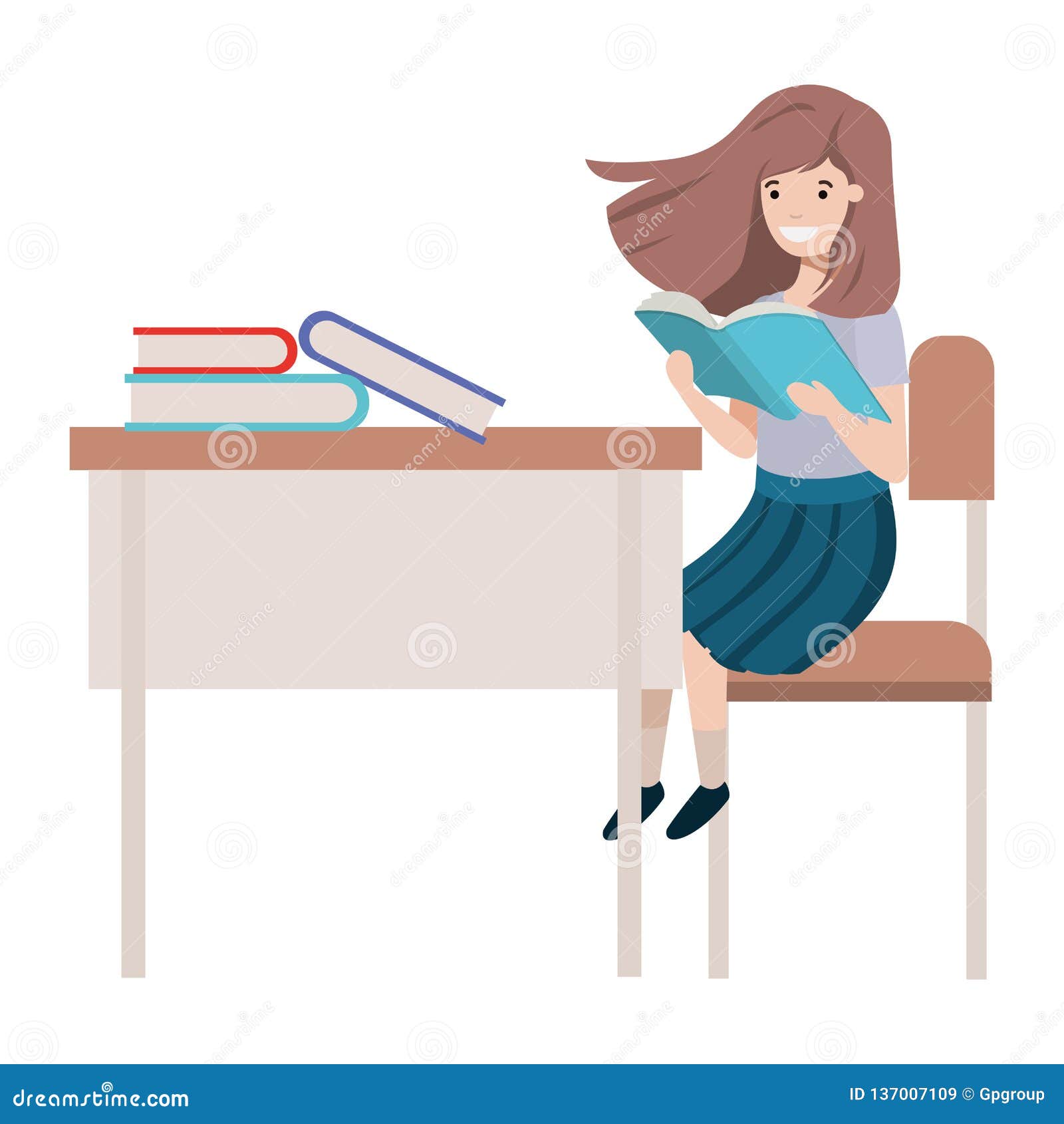Young Student Girl Sitting In School Desk Stock Vector