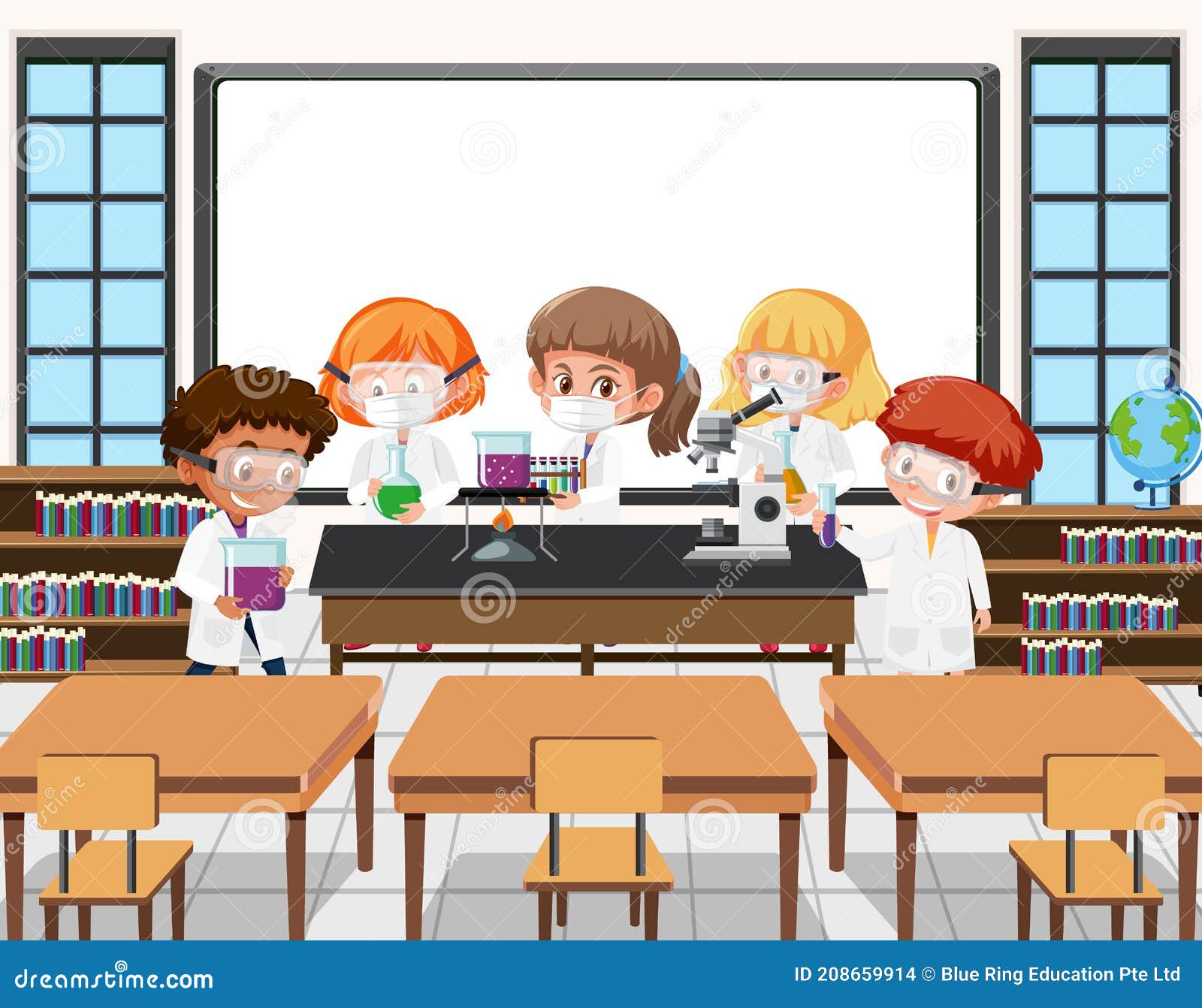 Young Students Doing Science Experiment in the Classroom Scene Stock