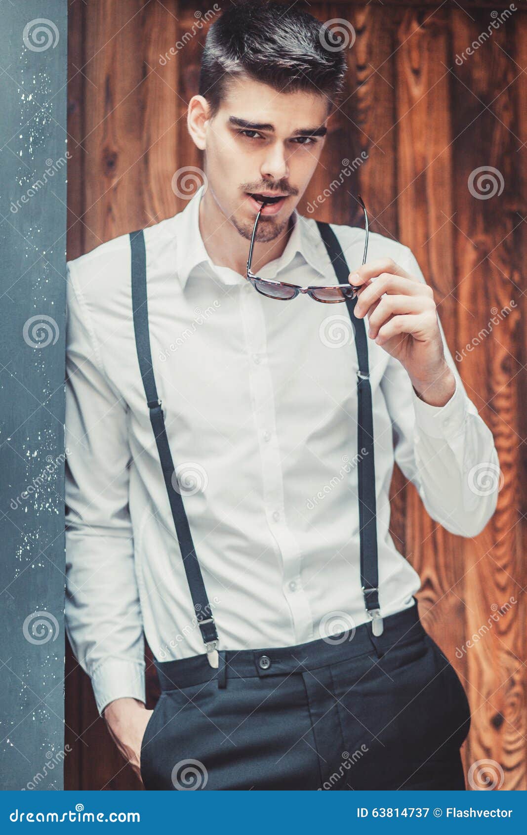 Young Stylish Man Model Posing Near the Wood Wall. Fashion Shot Stock ...