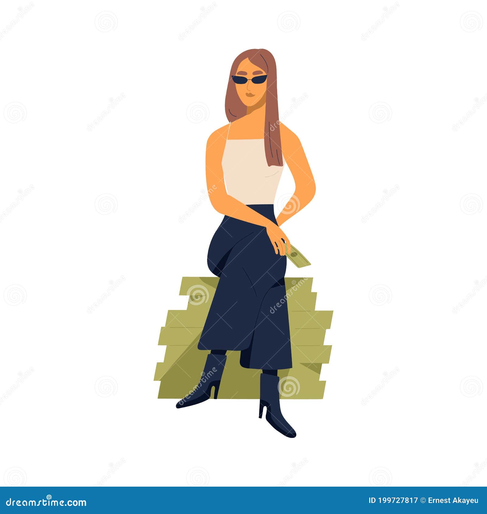 Young Stylish Millionaire Woman Sitting on Large Pile of Money. Concept ...