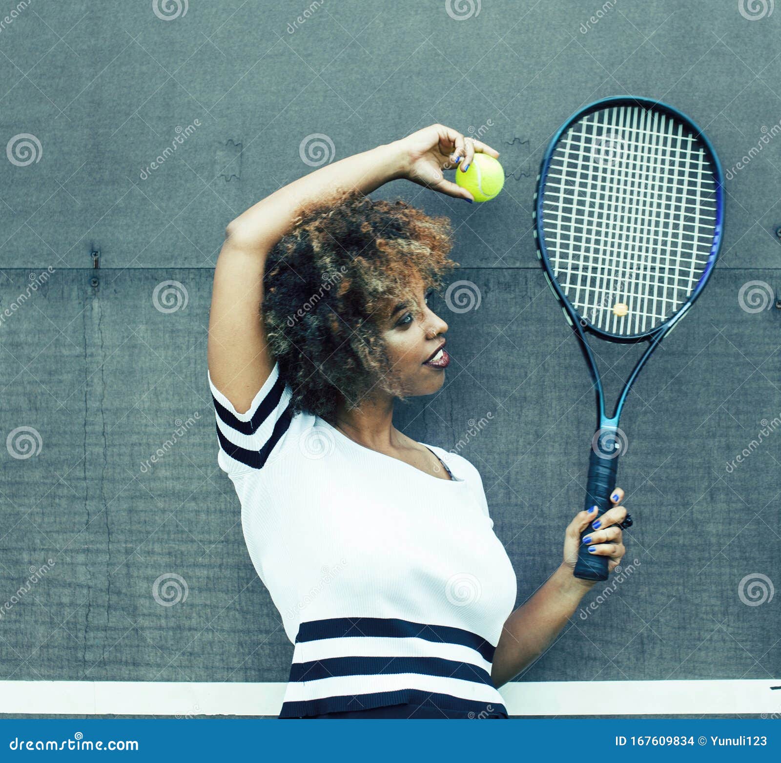 Young Stylish Mulatto Afro American Girl Playing Tennis Sport Healthy 