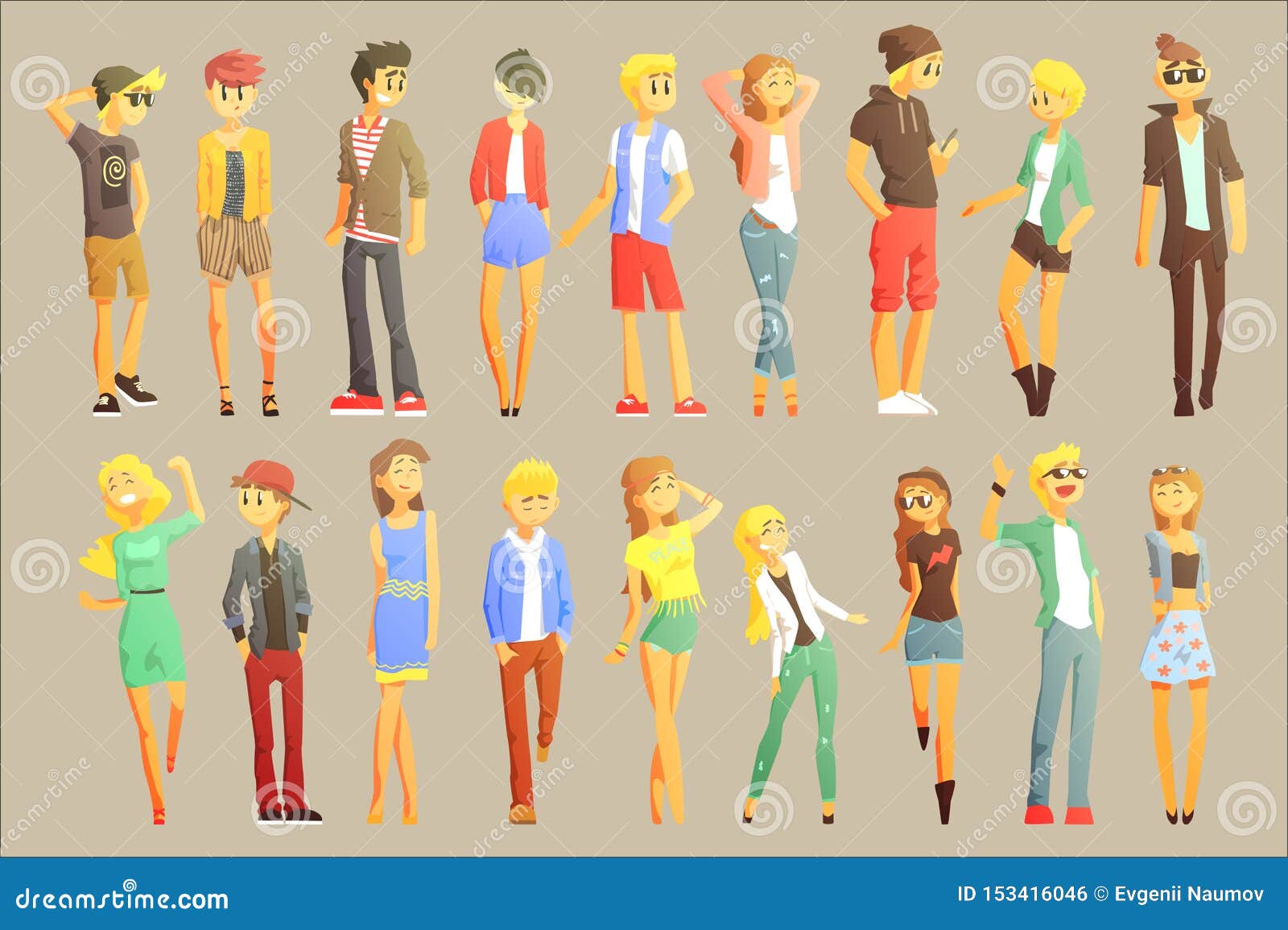 Young Stylishly Dressed People Flat Cool Cartoon Style Vector Drawings Set.  Stock Vector - Illustration of beach, fashionable: 153416046