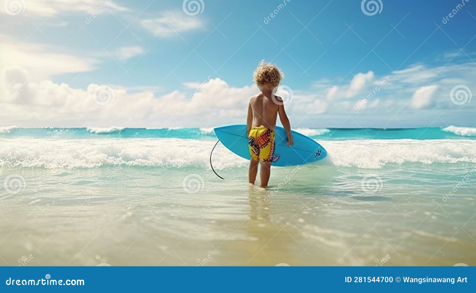 Young Surfer Learn To Ride on Surfboard with Fun on Sea Waves